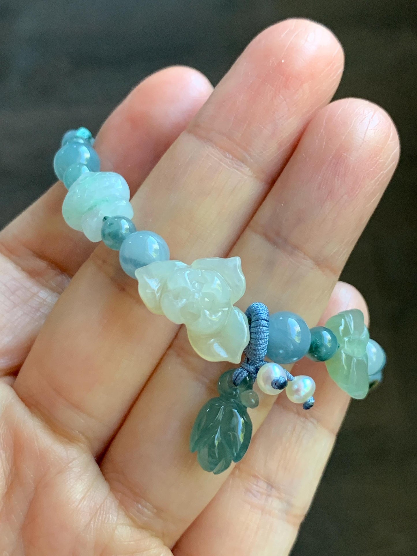 Natural Grade A Icy Translucent Multicolored Pastel Jade Jadeite Carved Cuff & Charms Beaded Rope Bracelet 6” 12g 天然冰胶马卡龙色翡翠繁花似锦半镯手串 FHZ256