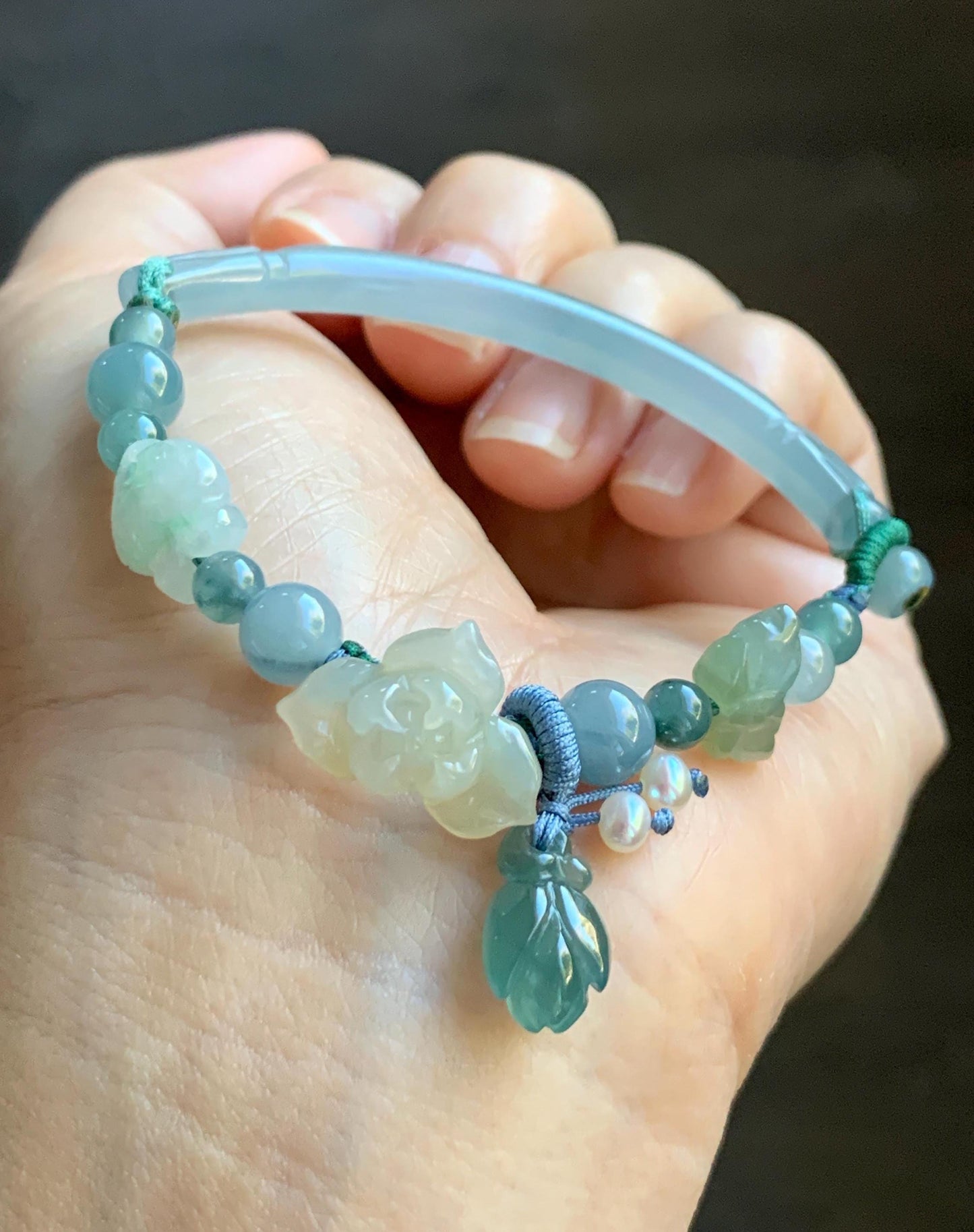 Natural Grade A Icy Translucent Multicolored Pastel Jade Jadeite Carved Cuff & Charms Beaded Rope Bracelet 6” 12g 天然冰胶马卡龙色翡翠繁花似锦半镯手串 FHZ256
