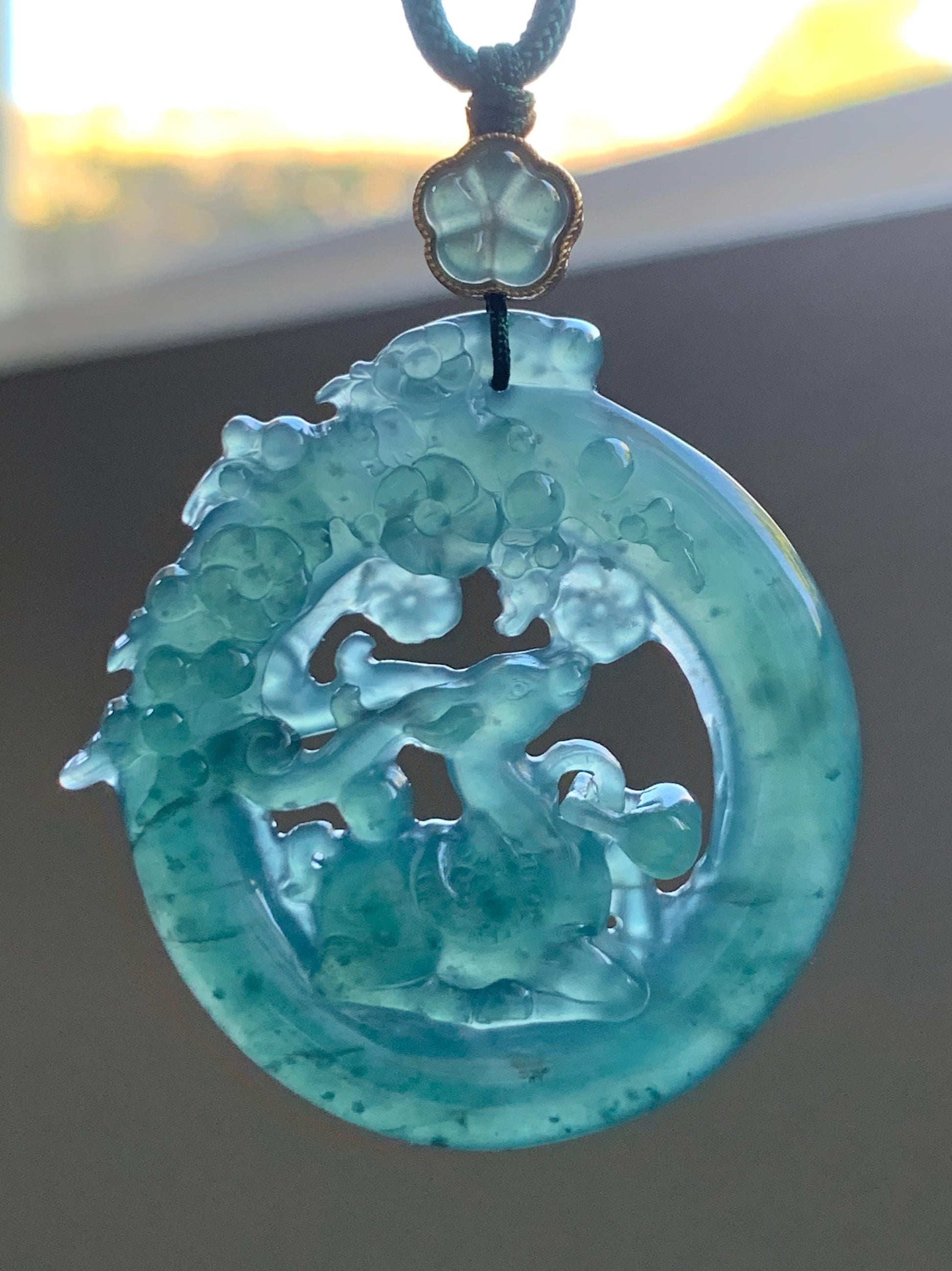 Natural Grade A Guatemalan Icy Translucent Dark Teal Blue Jade Jadeite Deer Pendant Rope Necklace Sterling Silver 28” 天然危深蓝翡翠梅花鹿吊坠 WLL500