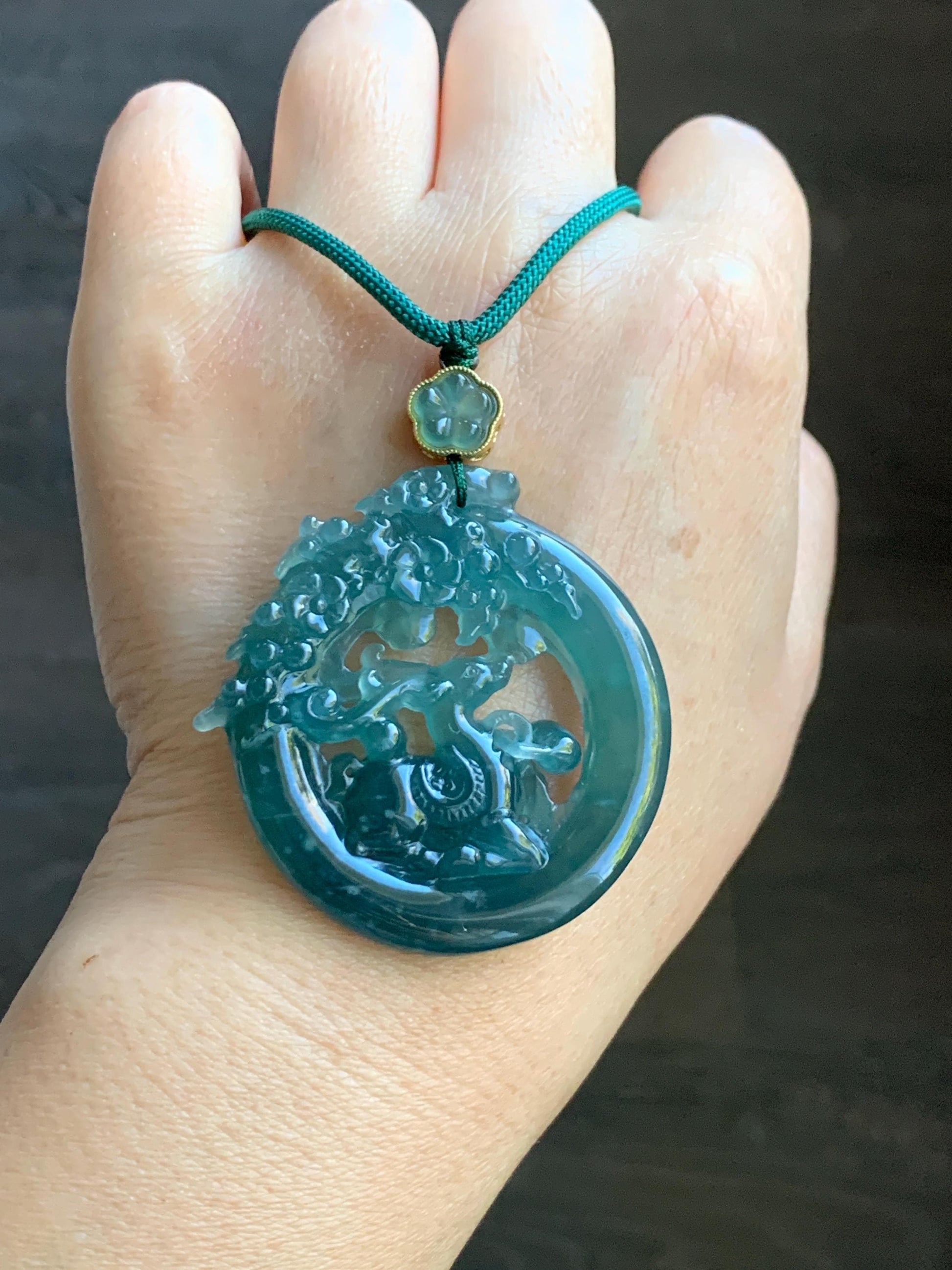 Natural Grade A Guatemalan Icy Translucent Dark Teal Blue Jade Jadeite Deer Pendant Rope Necklace Sterling Silver 28” 天然危深蓝翡翠梅花鹿吊坠 WLL500