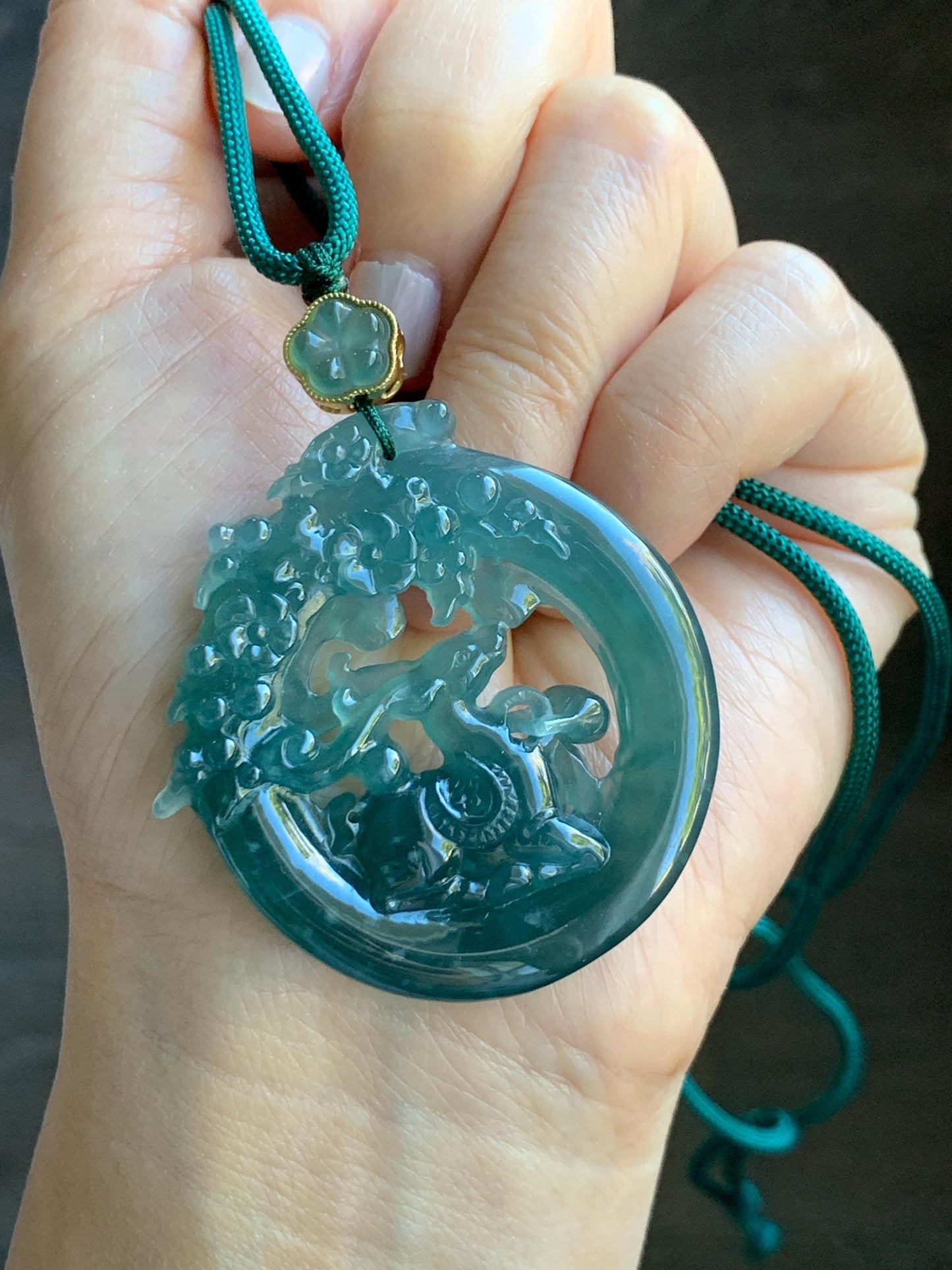 Natural Grade A Guatemalan Icy Translucent Dark Teal Blue Jade Jadeite Deer Pendant Rope Necklace Sterling Silver 28” 天然危深蓝翡翠梅花鹿吊坠 WLL500