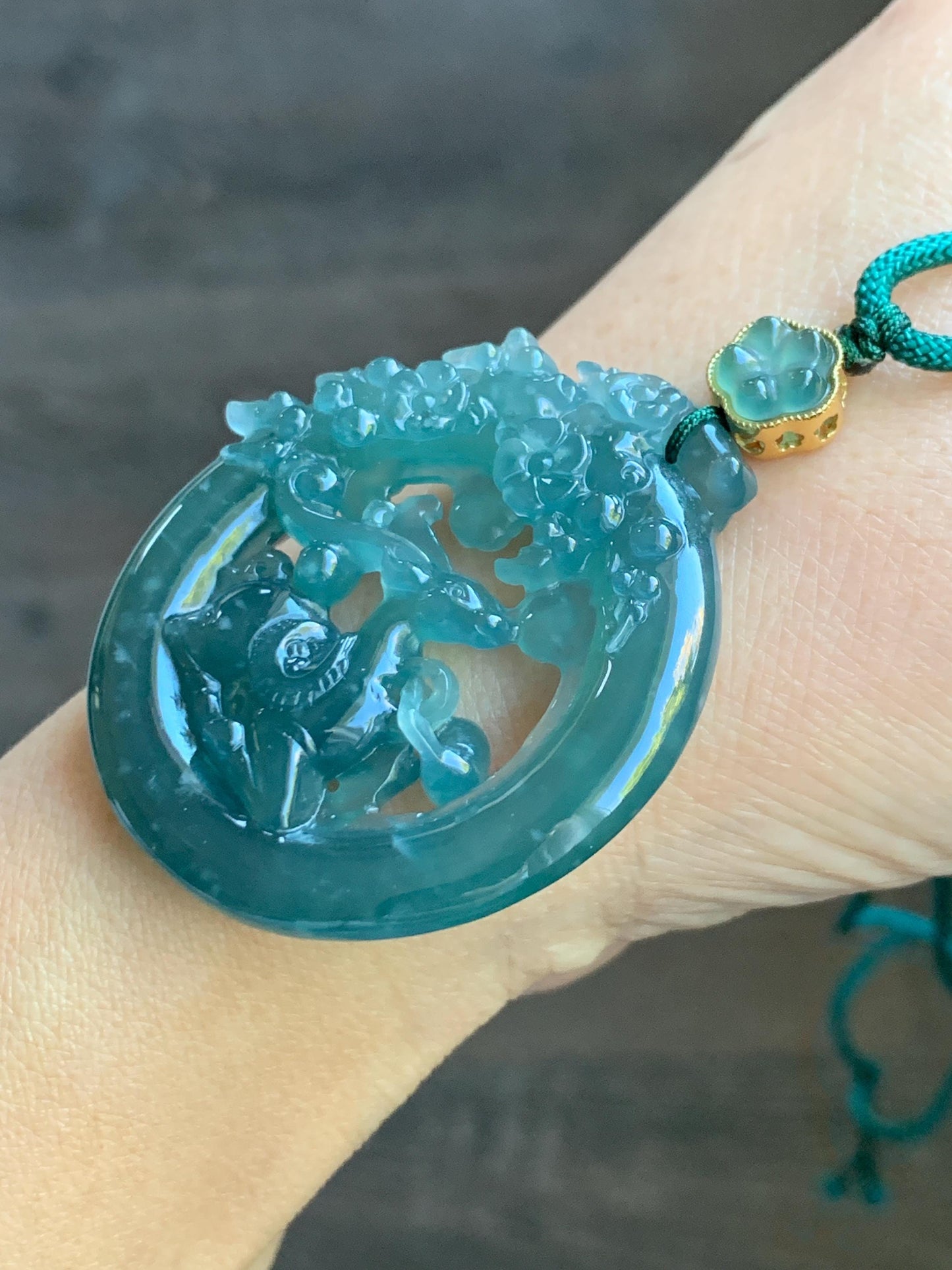 Natural Grade A Guatemalan Icy Translucent Dark Teal Blue Jade Jadeite Deer Pendant Rope Necklace Sterling Silver 28” 天然危深蓝翡翠梅花鹿吊坠 WLL500