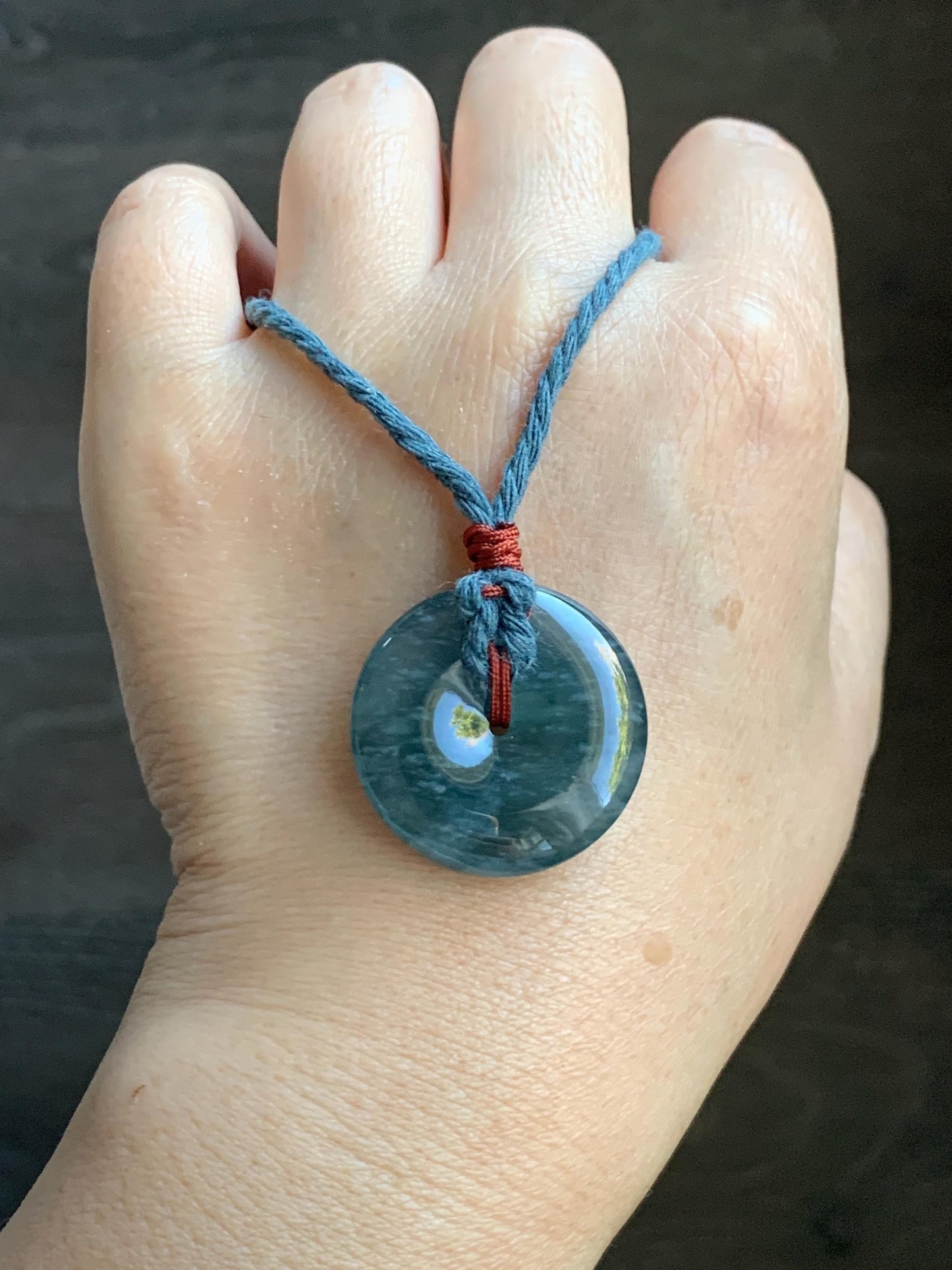 Natural Grade A Guatemalan Icy Highly Translucent Dark Blue Jade Jadeite Ping An Kou Donut Pendant Rope Necklace 25.5" 天然冰胶危蓝翡翠平安扣吊坠 WLK330A