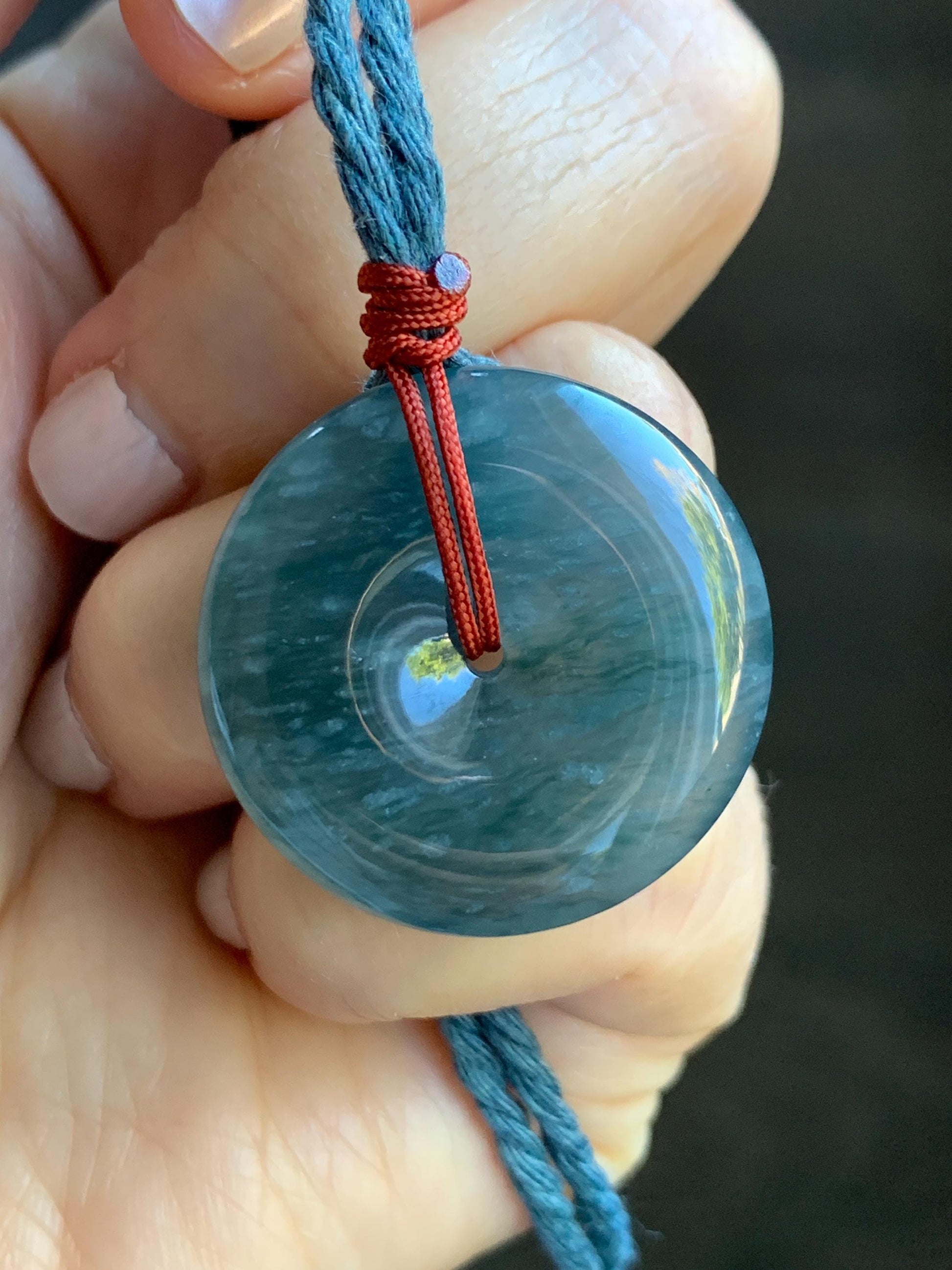 Natural Grade A Guatemalan Icy Highly Translucent Dark Blue Jade Jadeite Ping An Kou Donut Pendant Rope Necklace 25.5" 天然冰胶危蓝翡翠平安扣吊坠 WLK330A