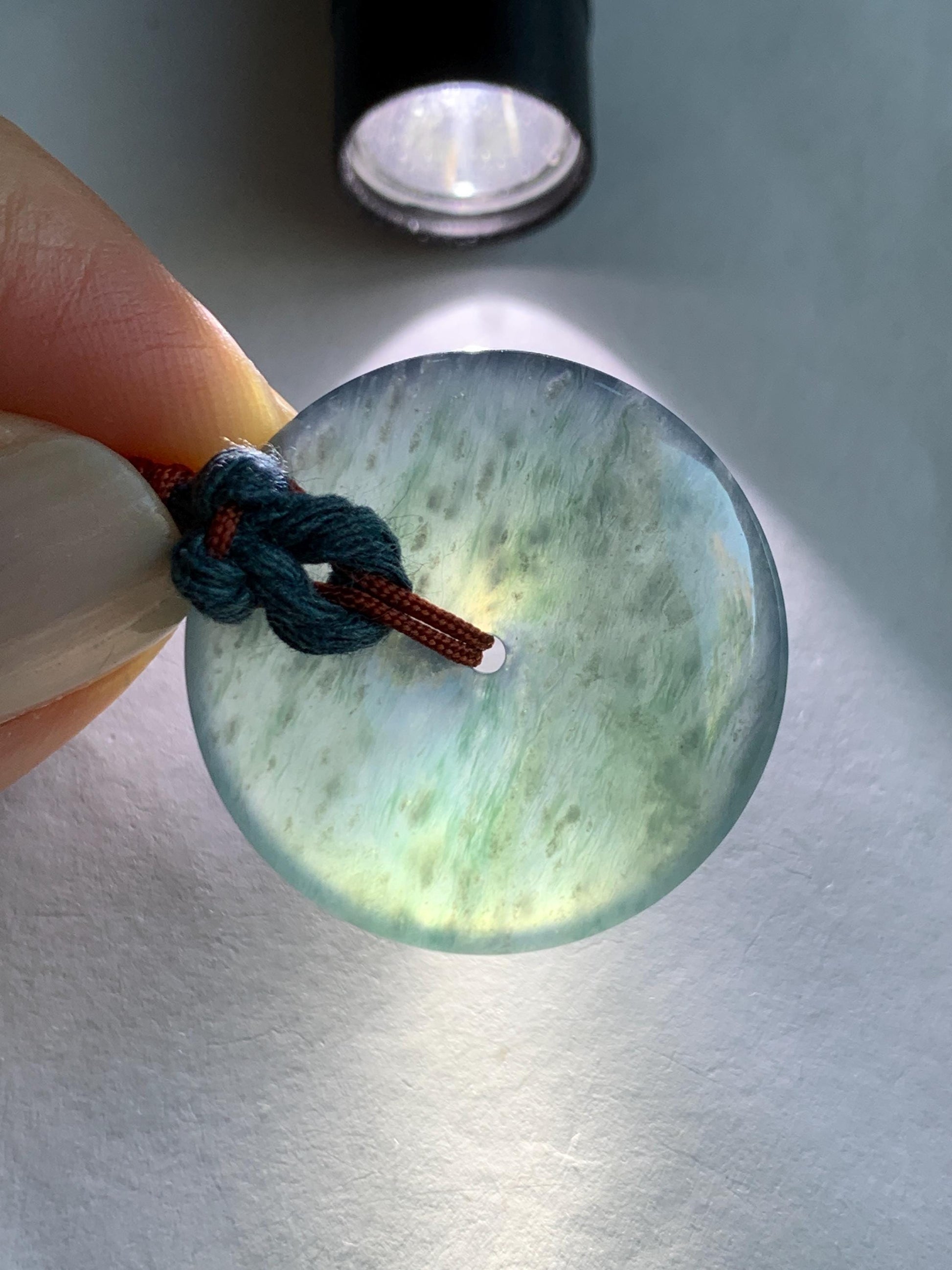 Natural Grade A Guatemalan Icy Highly Translucent Dark Blue Jade Jadeite Ping An Kou Donut Pendant Rope Necklace 25.5" 天然冰胶危蓝翡翠平安扣吊坠 WLK330A