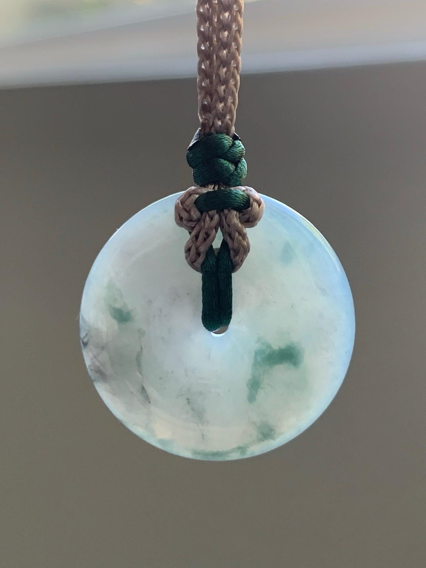 Certified Natural Grade A Icy Translucent Gelatinous Wuji Green Marbled Jadeite Ping An Kou Donut Pendant Rope Necklace 天然冰胶乌鸡飘绿翡翠平安扣吊坠3016