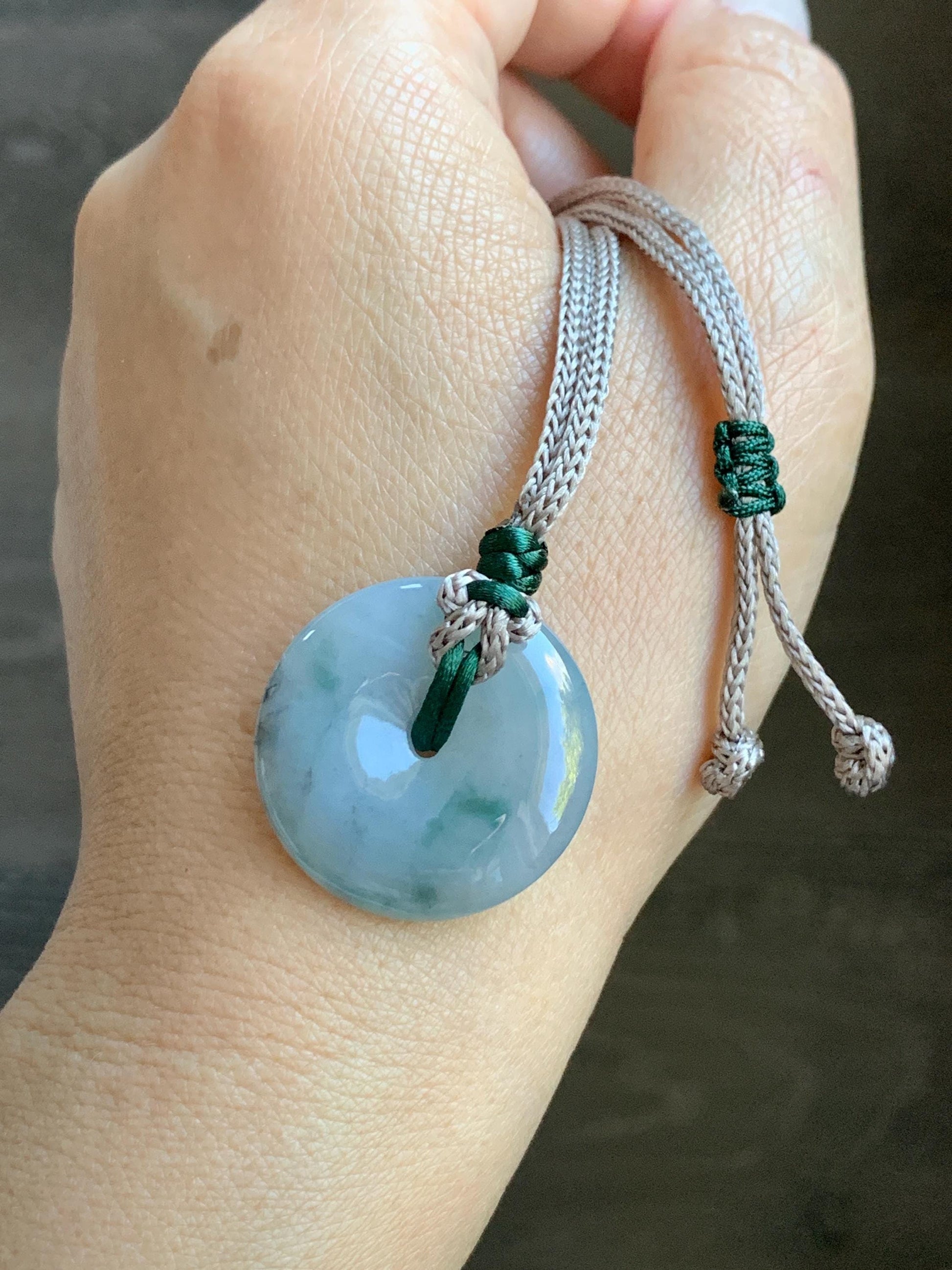 Certified Natural Grade A Icy Translucent Gelatinous Wuji Green Marbled Jadeite Ping An Kou Donut Pendant Rope Necklace 天然冰胶乌鸡飘绿翡翠平安扣吊坠3016