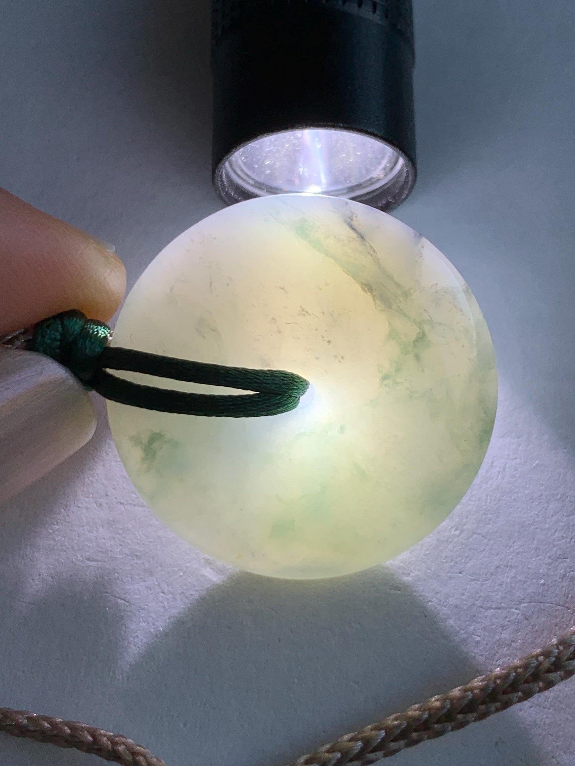 Certified Natural Grade A Icy Translucent Gelatinous Wuji Green Marbled Jadeite Ping An Kou Donut Pendant Rope Necklace 天然冰胶乌鸡飘绿翡翠平安扣吊坠3016