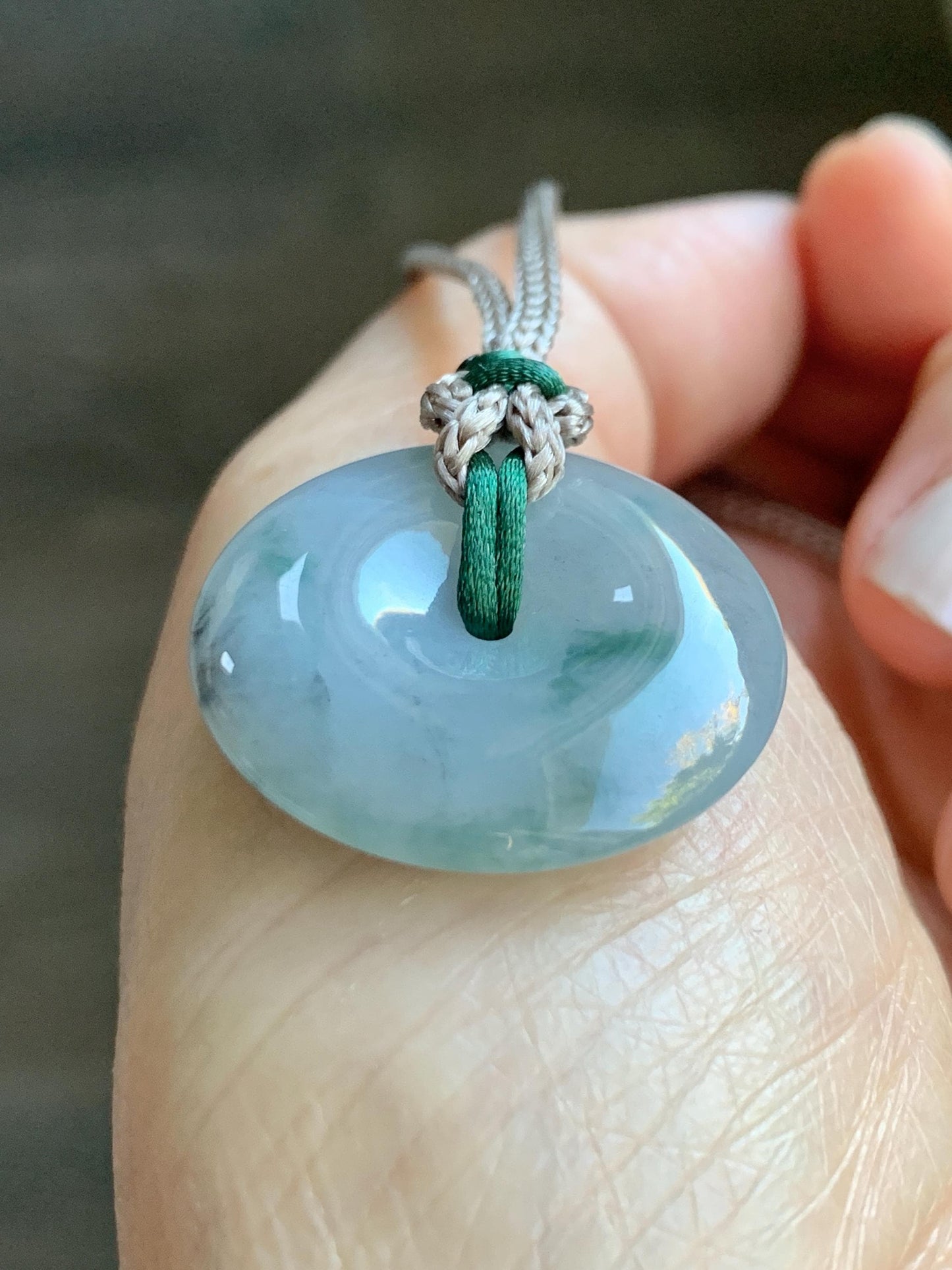 Certified Natural Grade A Icy Translucent Gelatinous Wuji Green Marbled Jadeite Ping An Kou Donut Pendant Rope Necklace 天然冰胶乌鸡飘绿翡翠平安扣吊坠3016