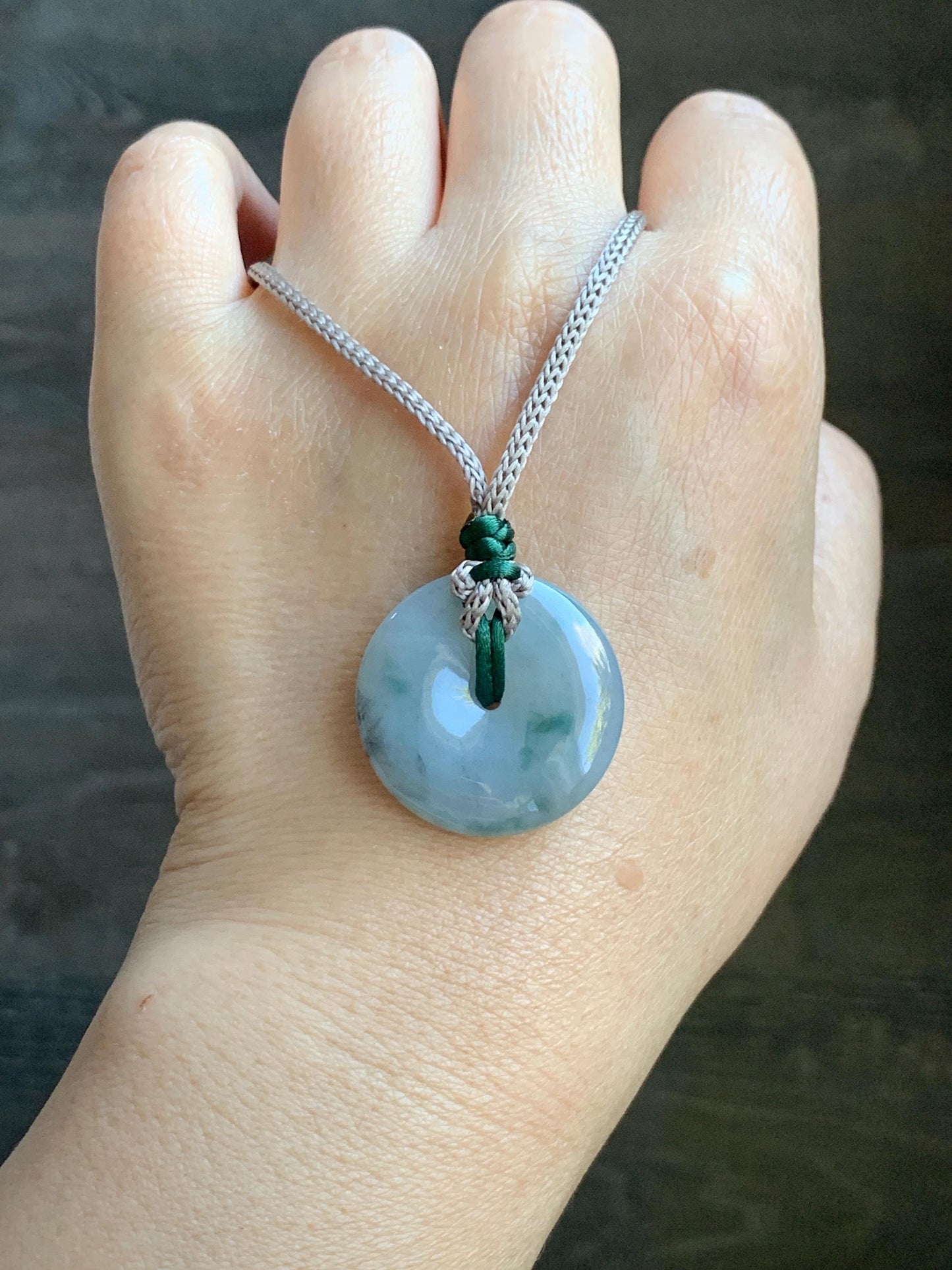 Certified Natural Grade A Icy Translucent Gelatinous Wuji Green Marbled Jadeite Ping An Kou Donut Pendant Rope Necklace 天然冰胶乌鸡飘绿翡翠平安扣吊坠3016