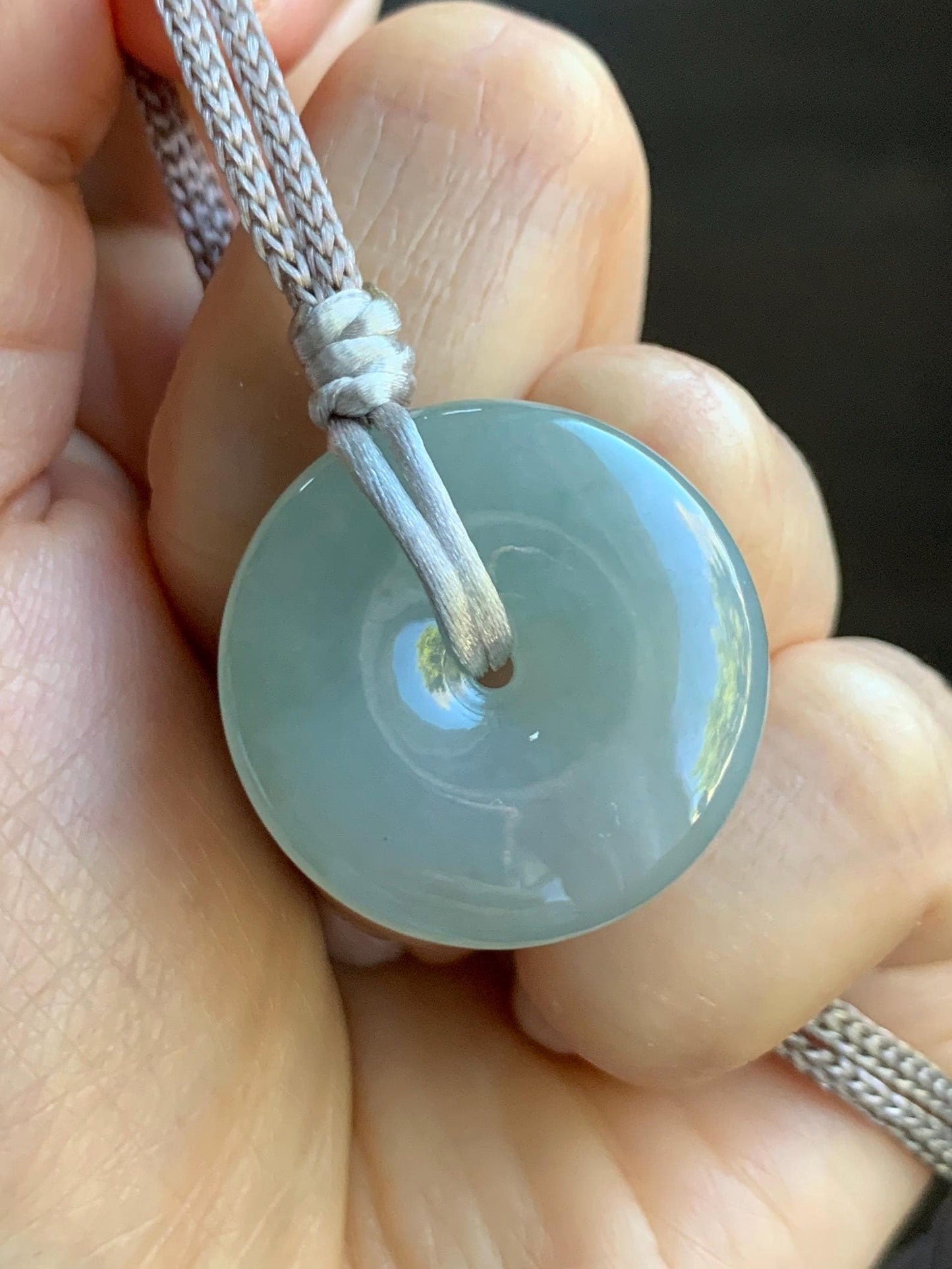Certified Natural Grade A Icy Translucent Gelatinous Light Green Jade Jadeite Ping An Kou Donut Pendant Rope Necklace 26” 天然冰胶晴底翡翠平安扣吊坠 3015