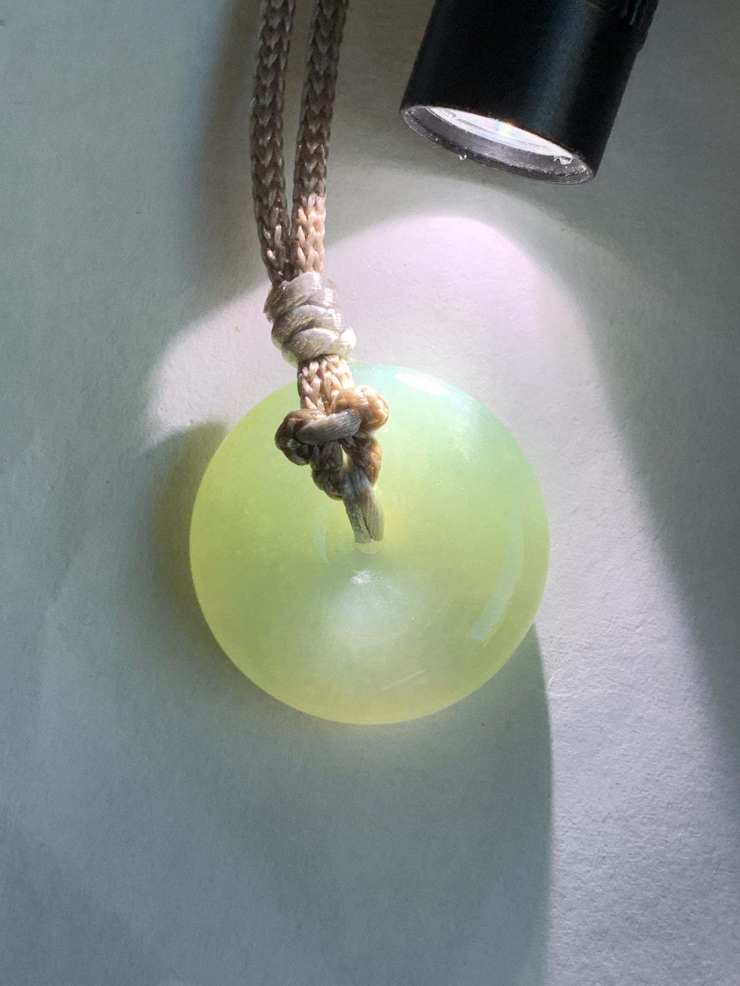 Certified Natural Grade A Icy Translucent Gelatinous Light Green Jade Jadeite Ping An Kou Donut Pendant Rope Necklace 26” 天然冰胶晴底翡翠平安扣吊坠 3015