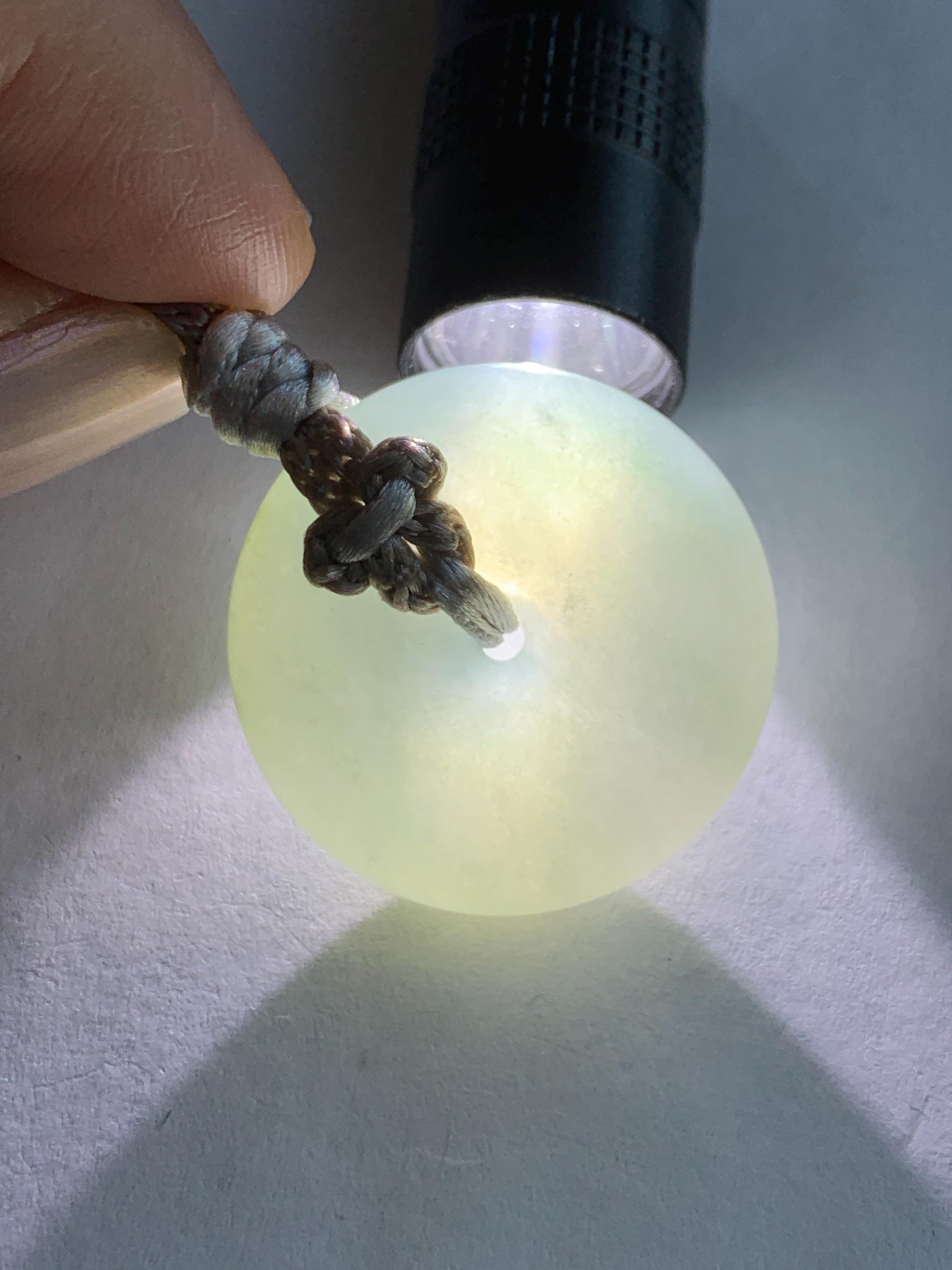 Certified Natural Grade A Icy Translucent Gelatinous Light Green Jade Jadeite Ping An Kou Donut Pendant Rope Necklace 26” 天然冰胶晴底翡翠平安扣吊坠 3015