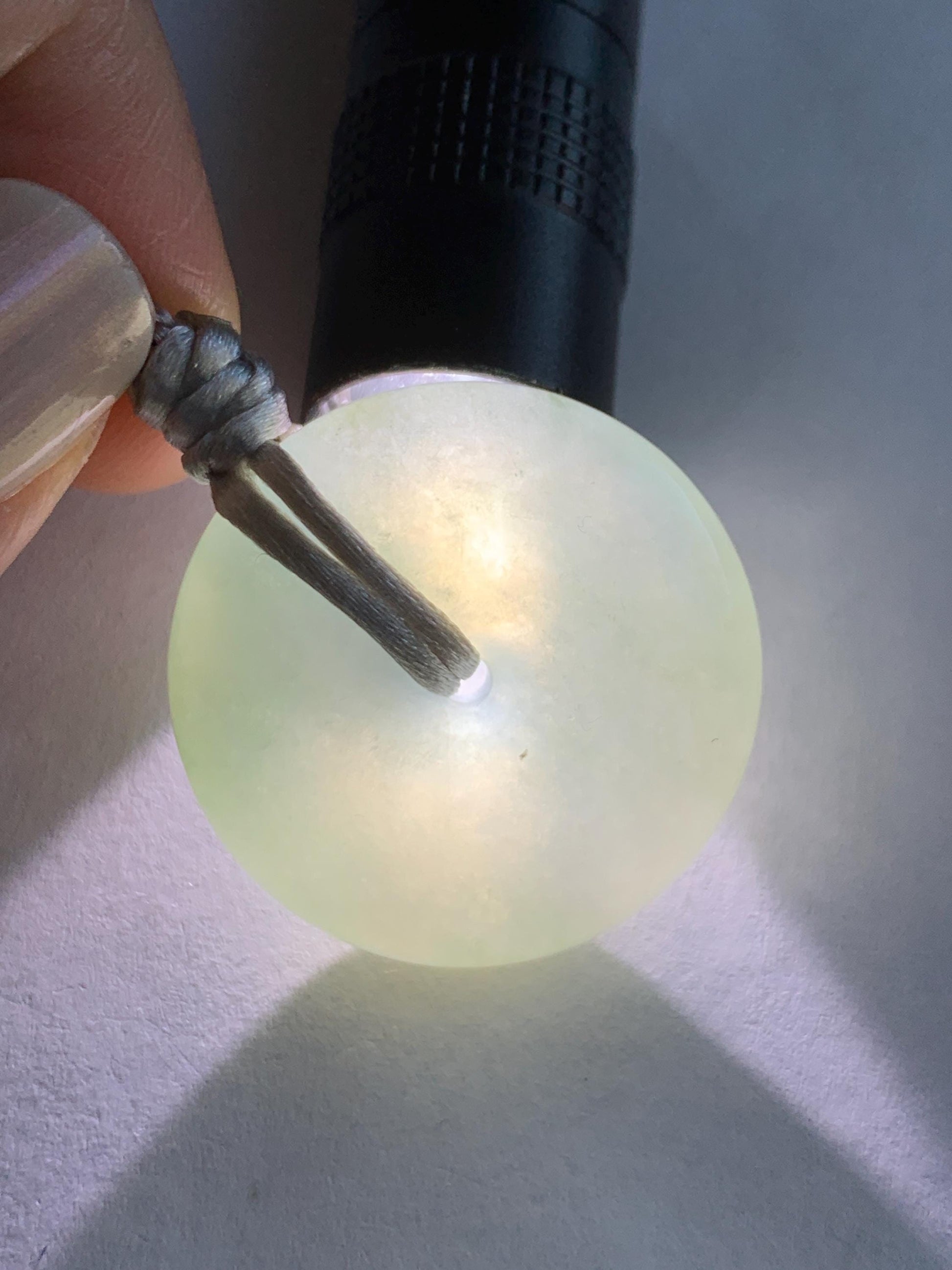 Certified Natural Grade A Icy Translucent Gelatinous Light Green Jade Jadeite Ping An Kou Donut Pendant Rope Necklace 26” 天然冰胶晴底翡翠平安扣吊坠 3015