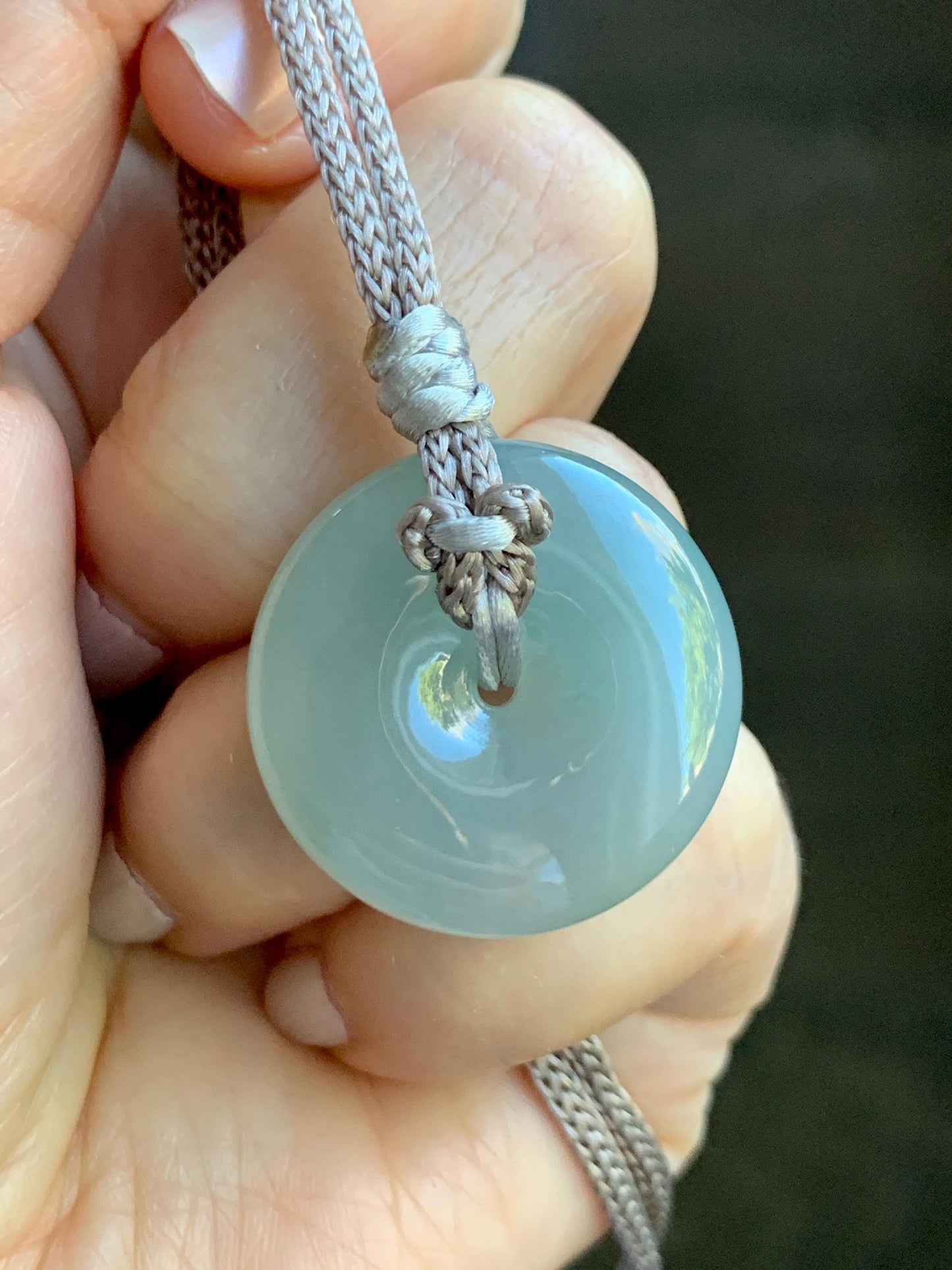 Certified Natural Grade A Icy Translucent Gelatinous Light Green Jade Jadeite Ping An Kou Donut Pendant Rope Necklace 26” 天然冰胶晴底翡翠平安扣吊坠 3015