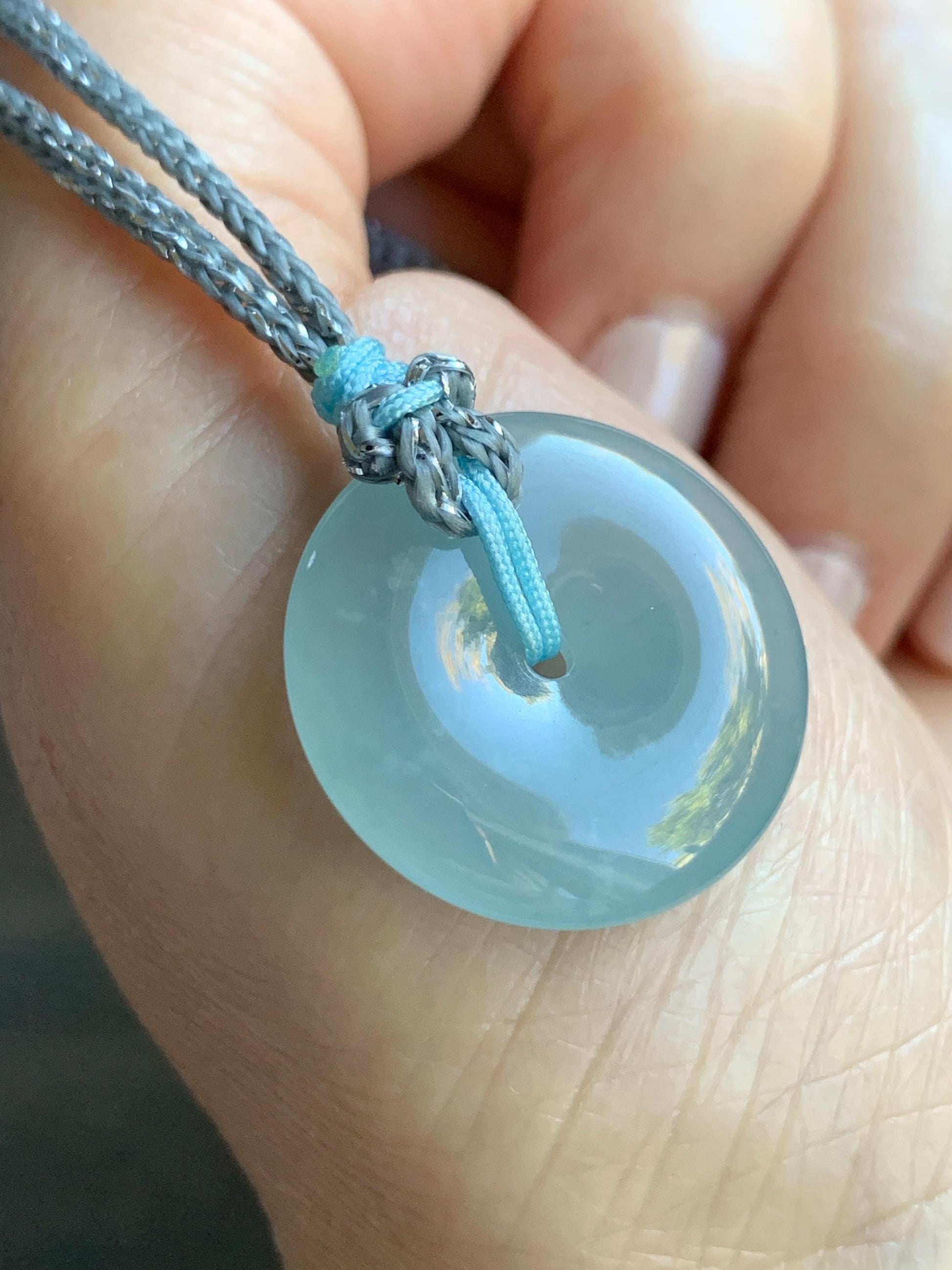 Certified Natural Grade A Guatemalan Icy Translucent Light Blue Jade Jadeite Ping An Kou Donut Pendant Rope Necklace 天然冰胶危天空蓝翡翠平安扣吊坠项链 1122