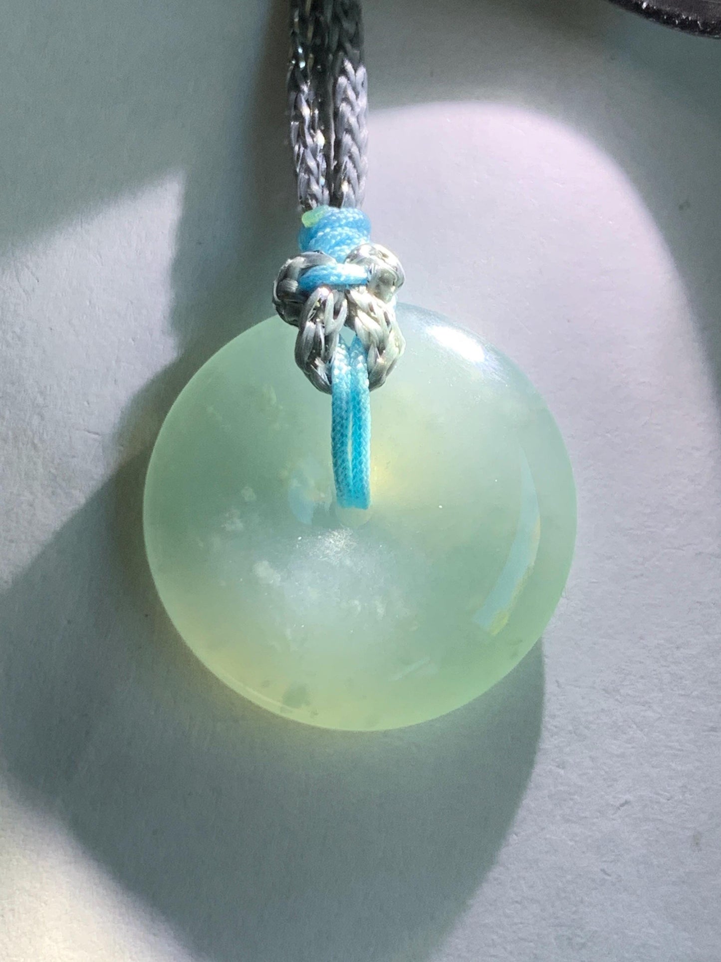 Certified Natural Grade A Guatemalan Icy Translucent Light Blue Jade Jadeite Ping An Kou Donut Pendant Rope Necklace 天然冰胶危天空蓝翡翠平安扣吊坠项链 1122