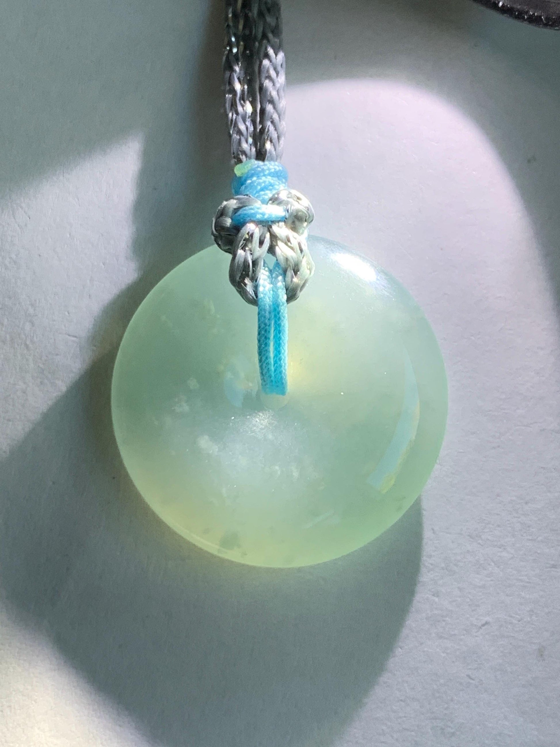 Certified Natural Grade A Guatemalan Icy Translucent Light Blue Jade Jadeite Ping An Kou Donut Pendant Rope Necklace 天然冰胶危天空蓝翡翠平安扣吊坠项链 1122