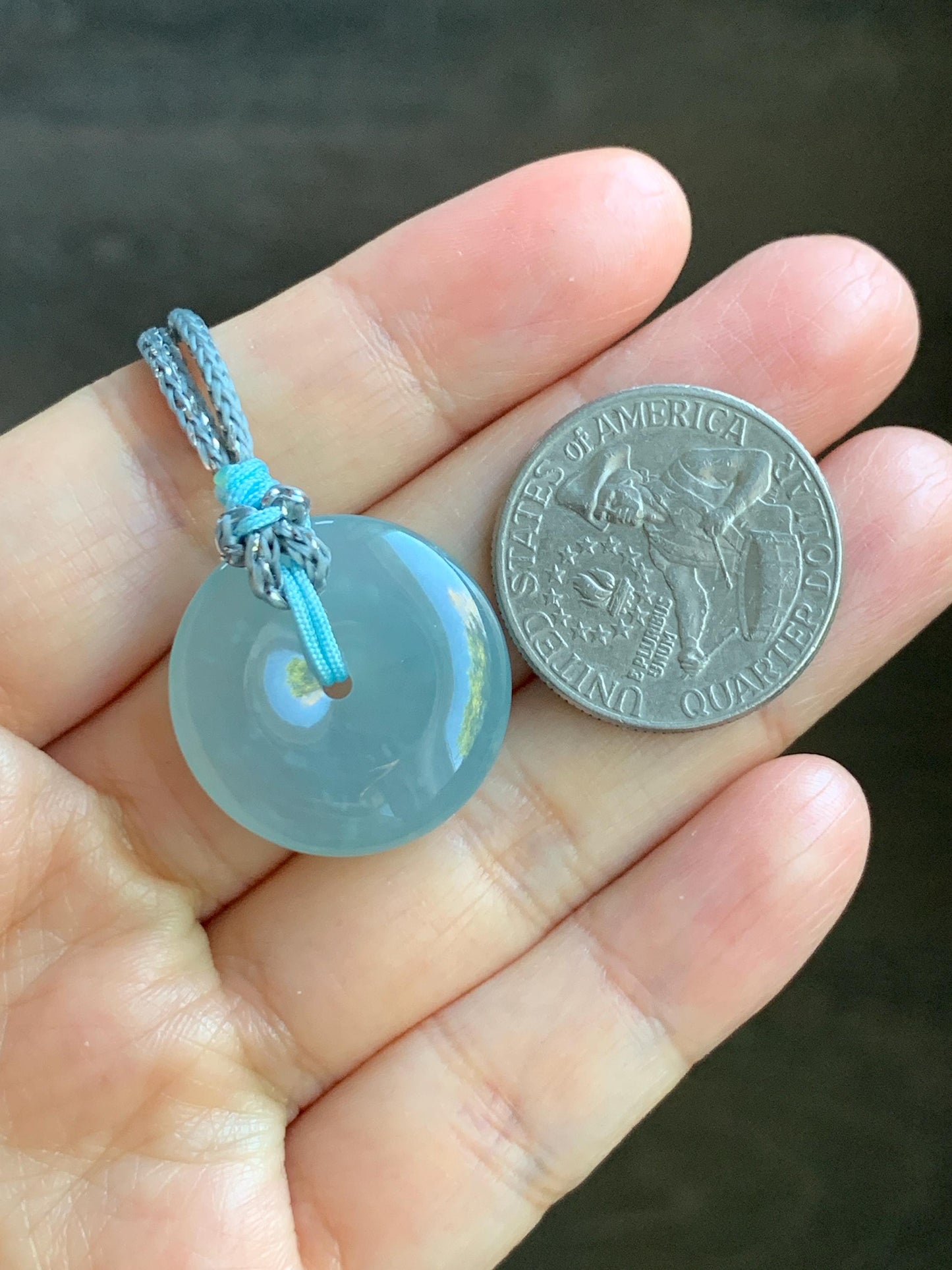 Certified Natural Grade A Guatemalan Icy Translucent Light Blue Jade Jadeite Ping An Kou Donut Pendant Rope Necklace 天然冰胶危天空蓝翡翠平安扣吊坠项链 1122