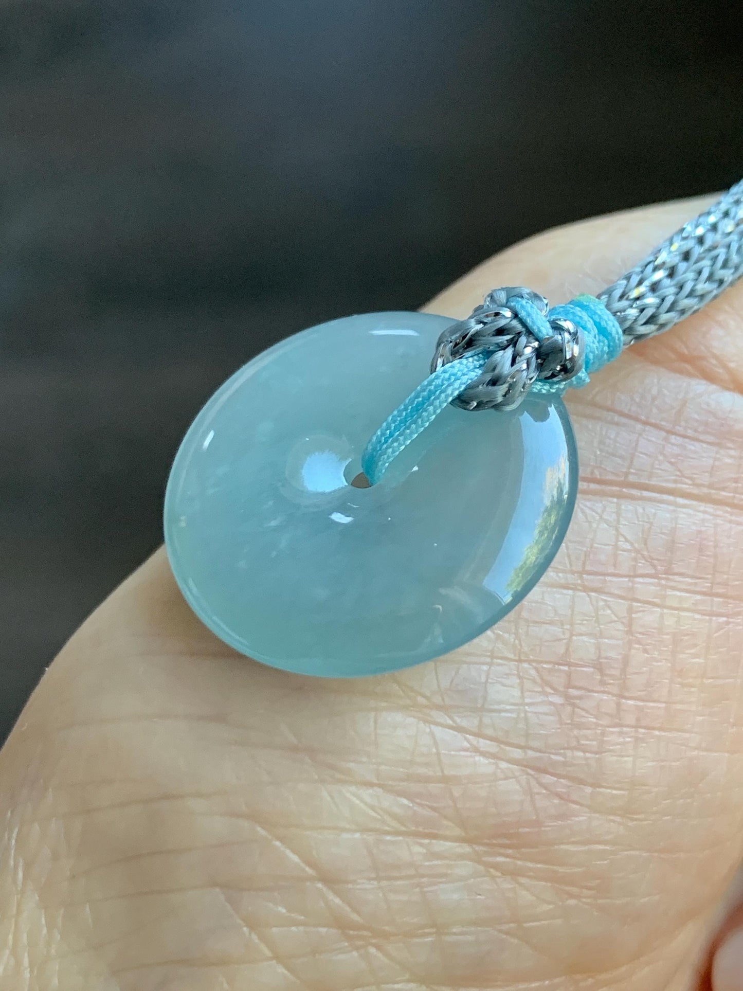 Certified Natural Grade A Guatemalan Icy Translucent Light Blue Jade Jadeite Ping An Kou Donut Pendant Rope Necklace 天然冰胶危天空蓝翡翠平安扣吊坠项链 1122