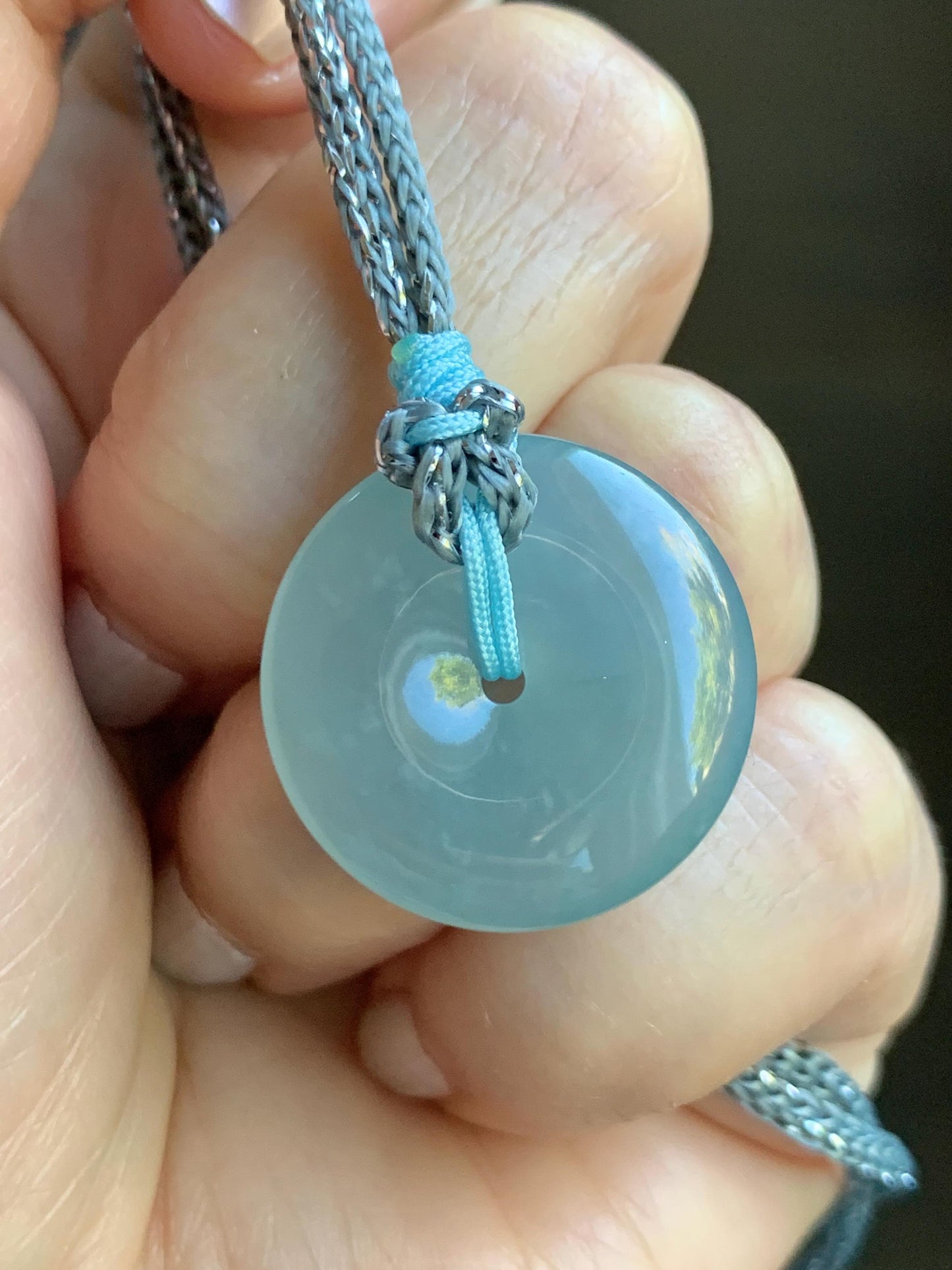 Certified Natural Grade A Guatemalan Icy Translucent Light Blue Jade Jadeite Ping An Kou Donut Pendant Rope Necklace 天然冰胶危天空蓝翡翠平安扣吊坠项链 1122