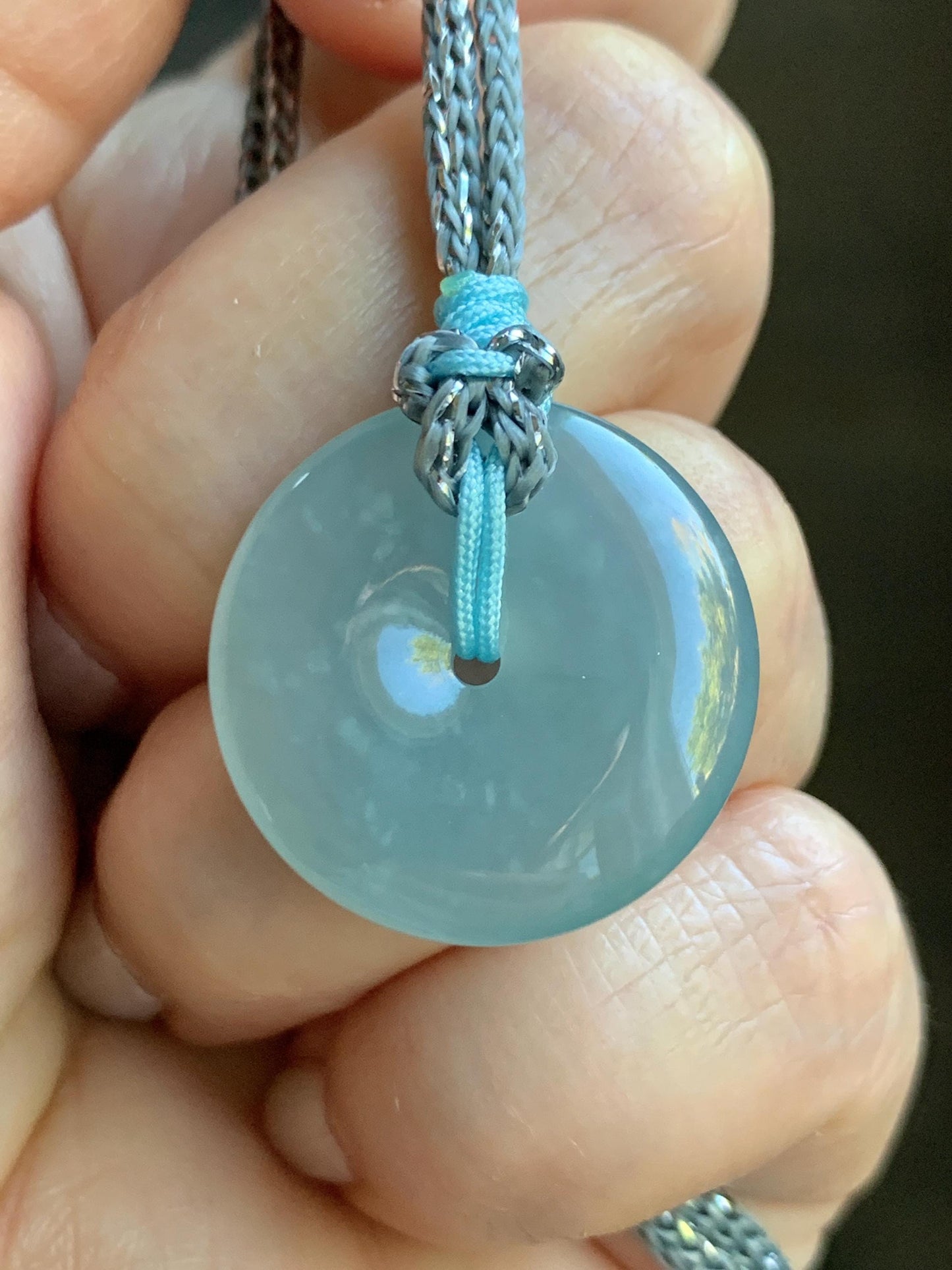 Certified Natural Grade A Guatemalan Icy Translucent Light Blue Jade Jadeite Ping An Kou Donut Pendant Rope Necklace 天然冰胶危天空蓝翡翠平安扣吊坠项链 1122