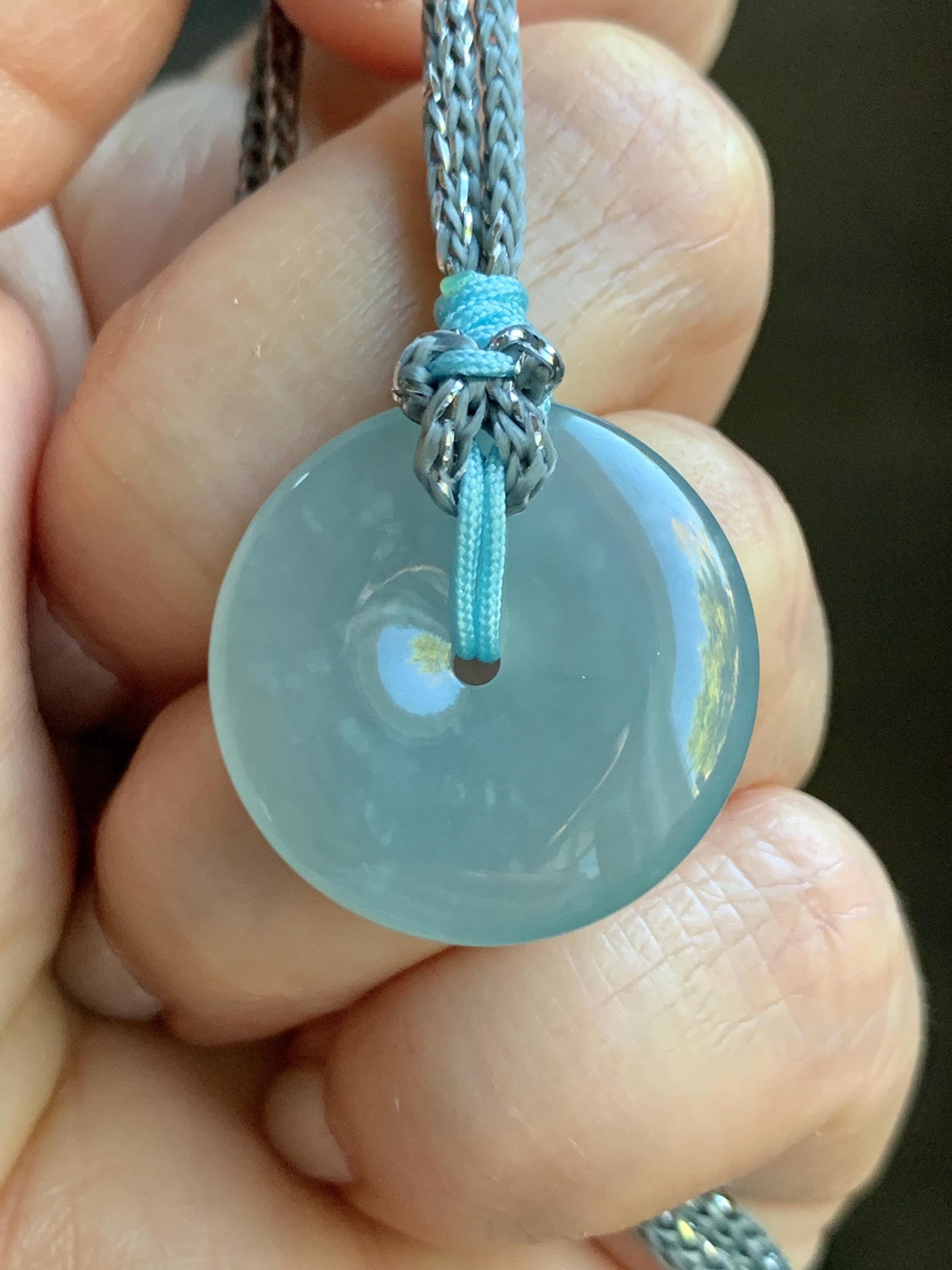 Certified Natural Grade A Guatemalan Icy Translucent Light Blue Jade Jadeite Ping An Kou Donut Pendant Rope Necklace 天然冰胶危天空蓝翡翠平安扣吊坠项链 1122