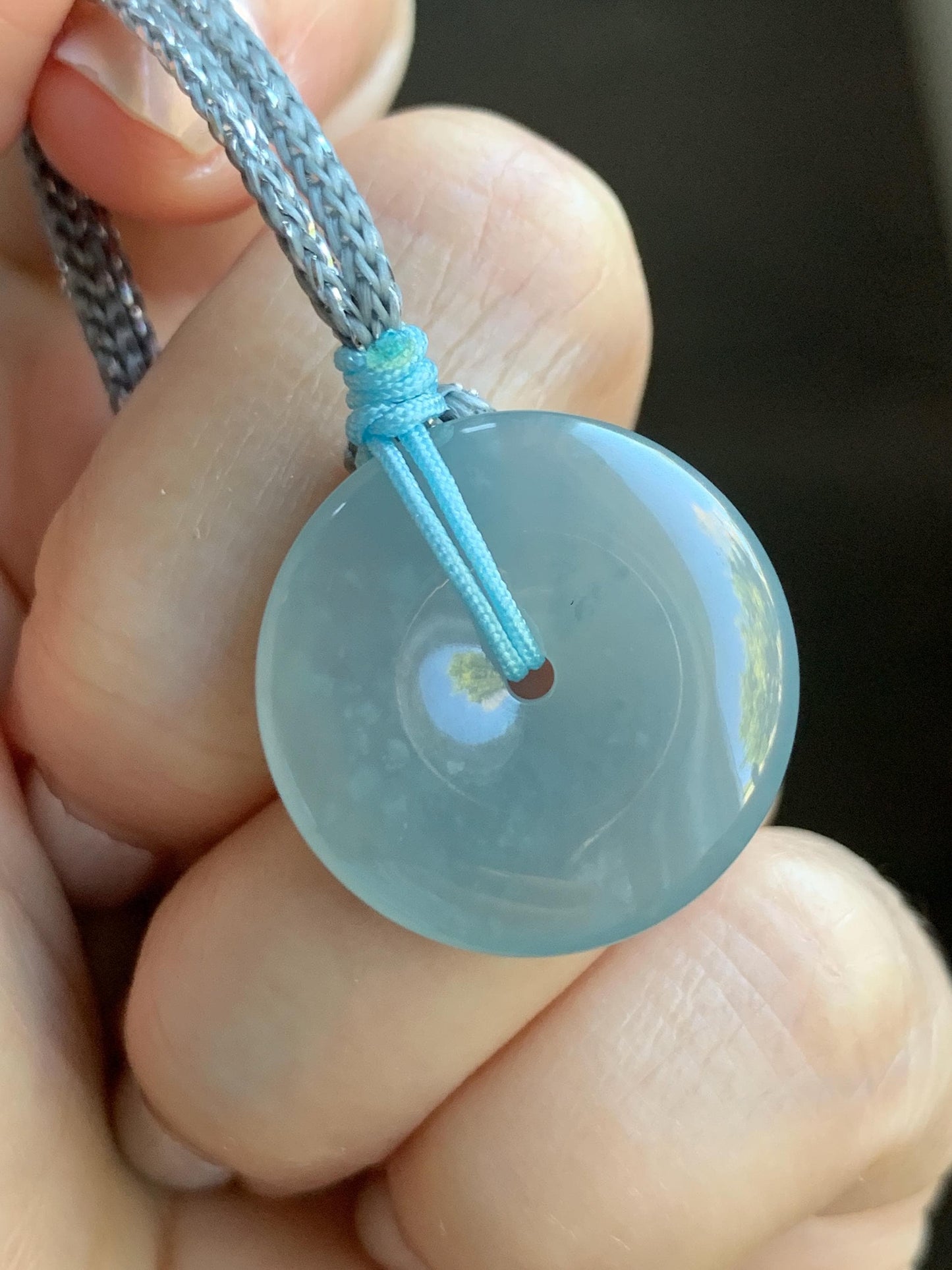 Certified Natural Grade A Guatemalan Icy Translucent Light Blue Jade Jadeite Ping An Kou Donut Pendant Rope Necklace 天然冰胶危天空蓝翡翠平安扣吊坠项链 1122