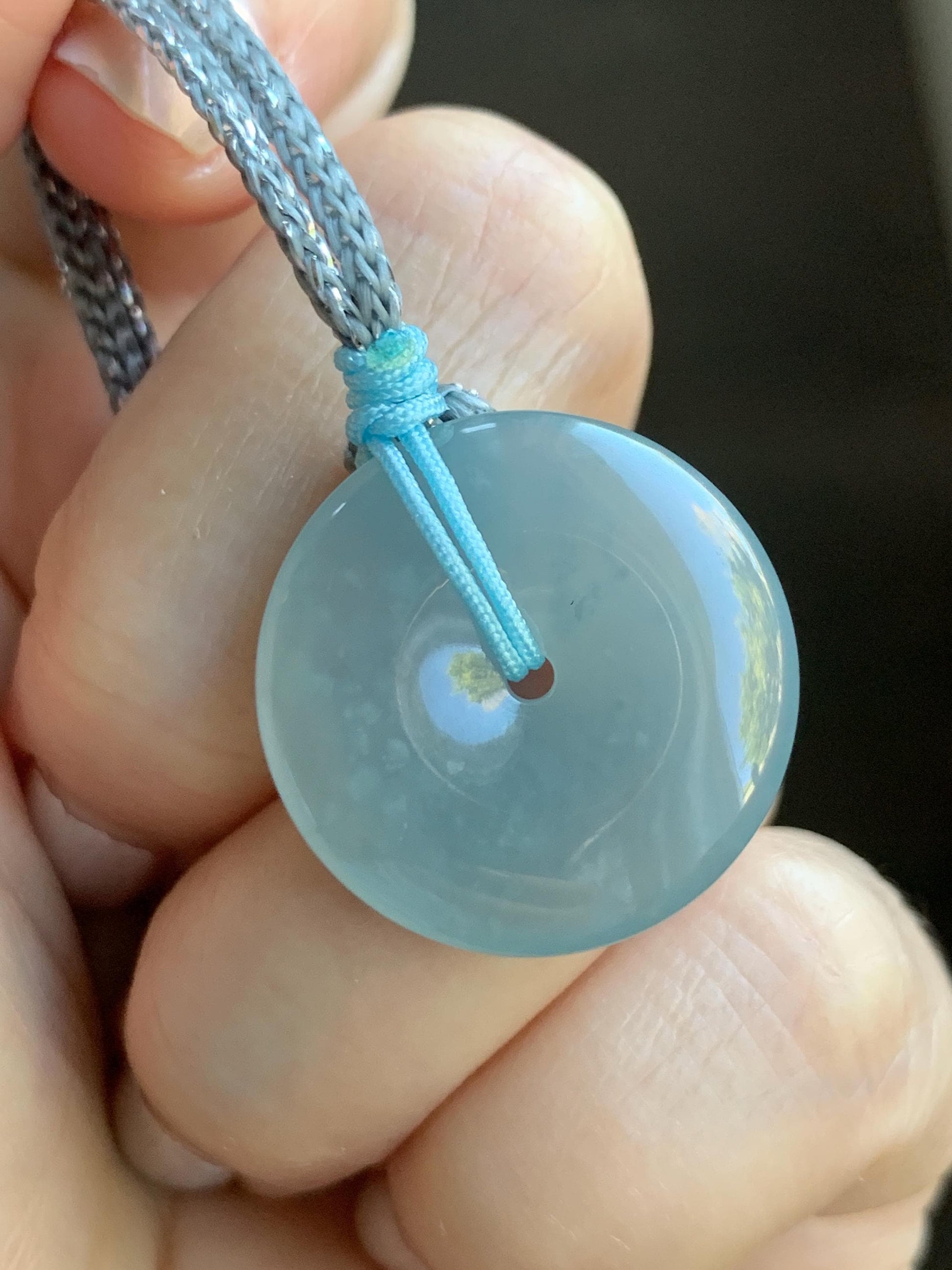 Certified Natural Grade A Guatemalan Icy Translucent Light Blue Jade Jadeite Ping An Kou Donut Pendant Rope Necklace 天然冰胶危天空蓝翡翠平安扣吊坠项链 1122