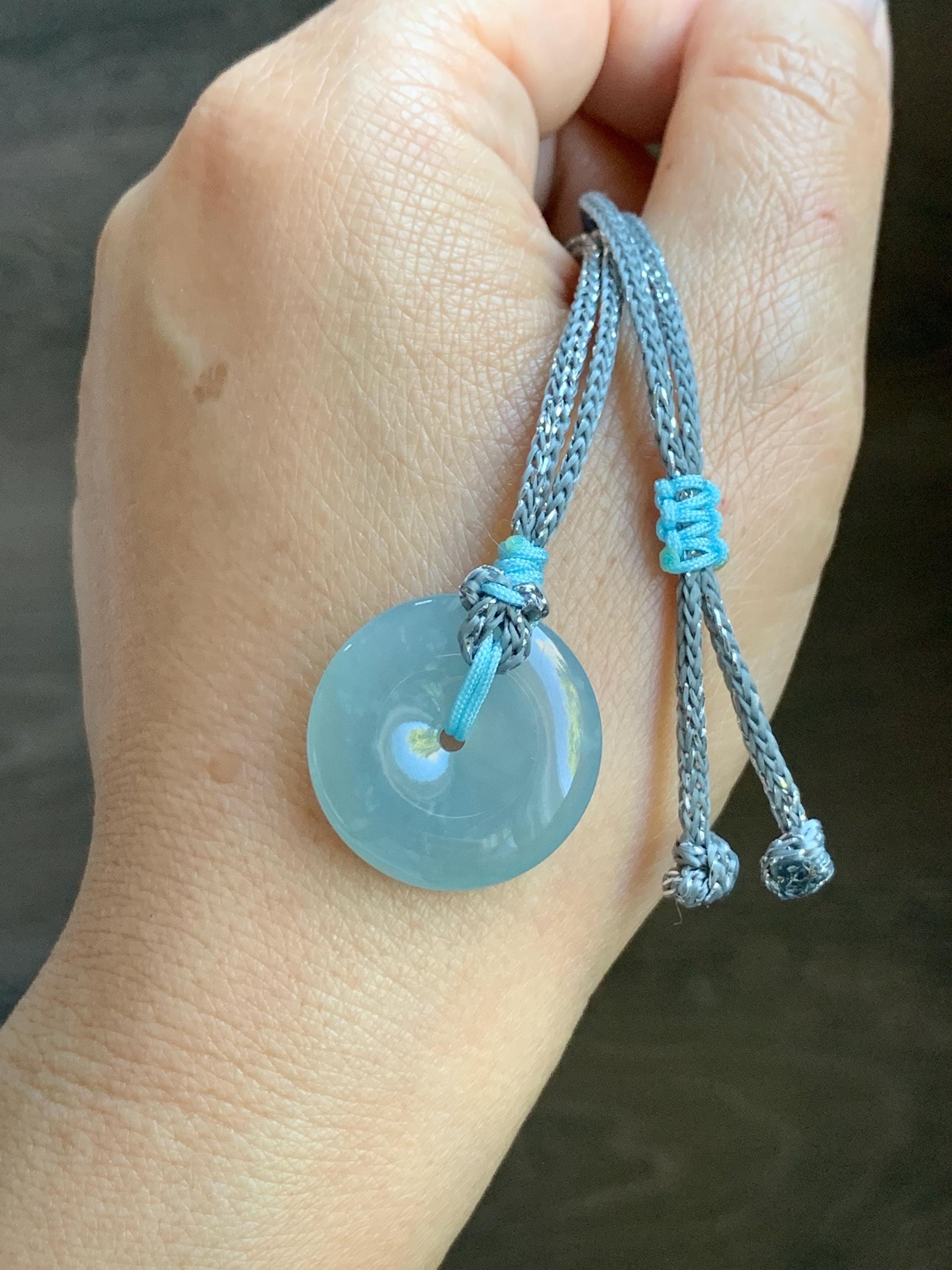 Certified Natural Grade A Guatemalan Icy Translucent Light Blue Jade Jadeite Ping An Kou Donut Pendant Rope Necklace 天然冰胶危天空蓝翡翠平安扣吊坠项链 1122
