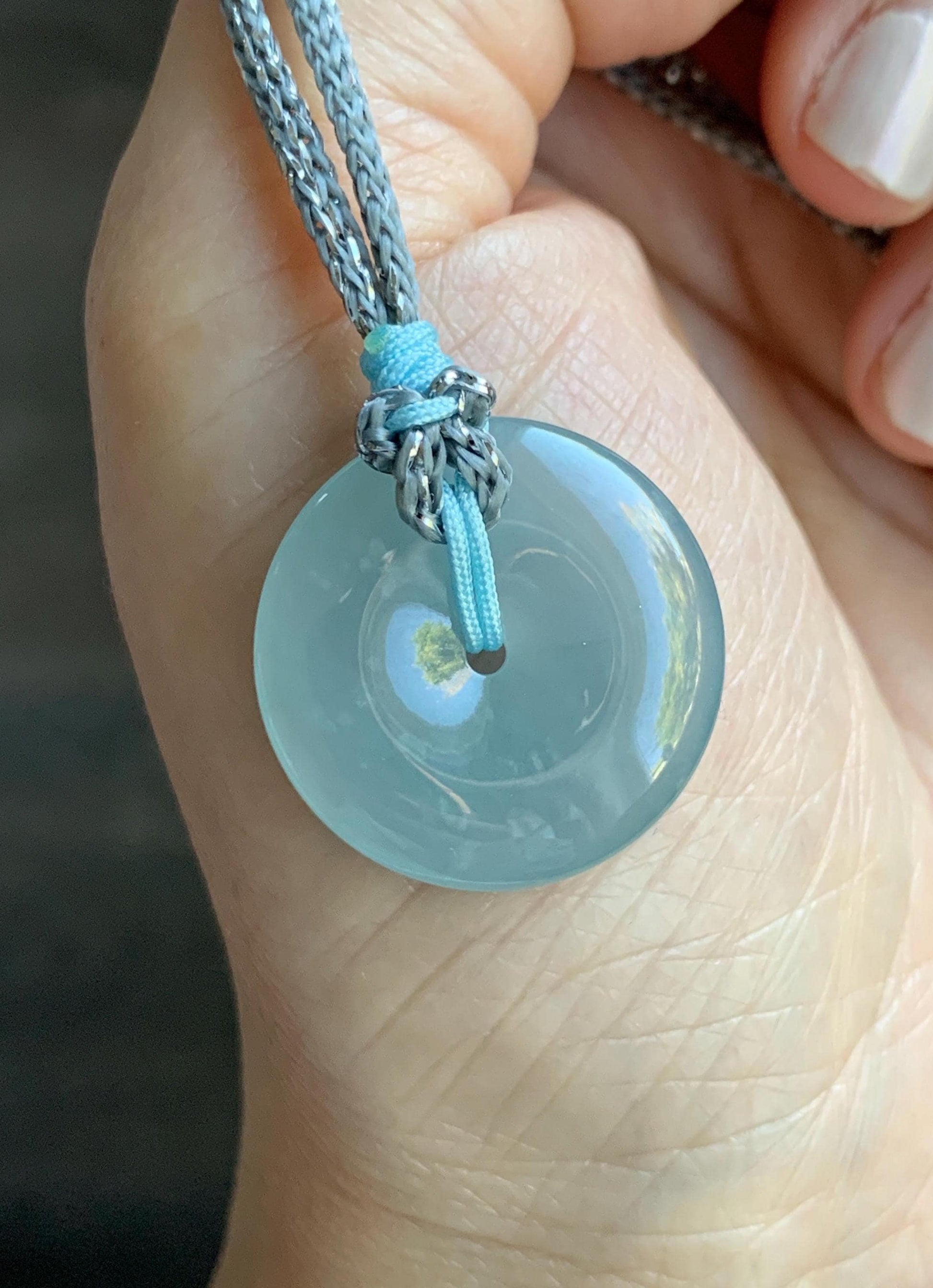 Certified Natural Grade A Guatemalan Icy Translucent Light Blue Jade Jadeite Ping An Kou Donut Pendant Rope Necklace 天然冰胶危天空蓝翡翠平安扣吊坠项链 1122