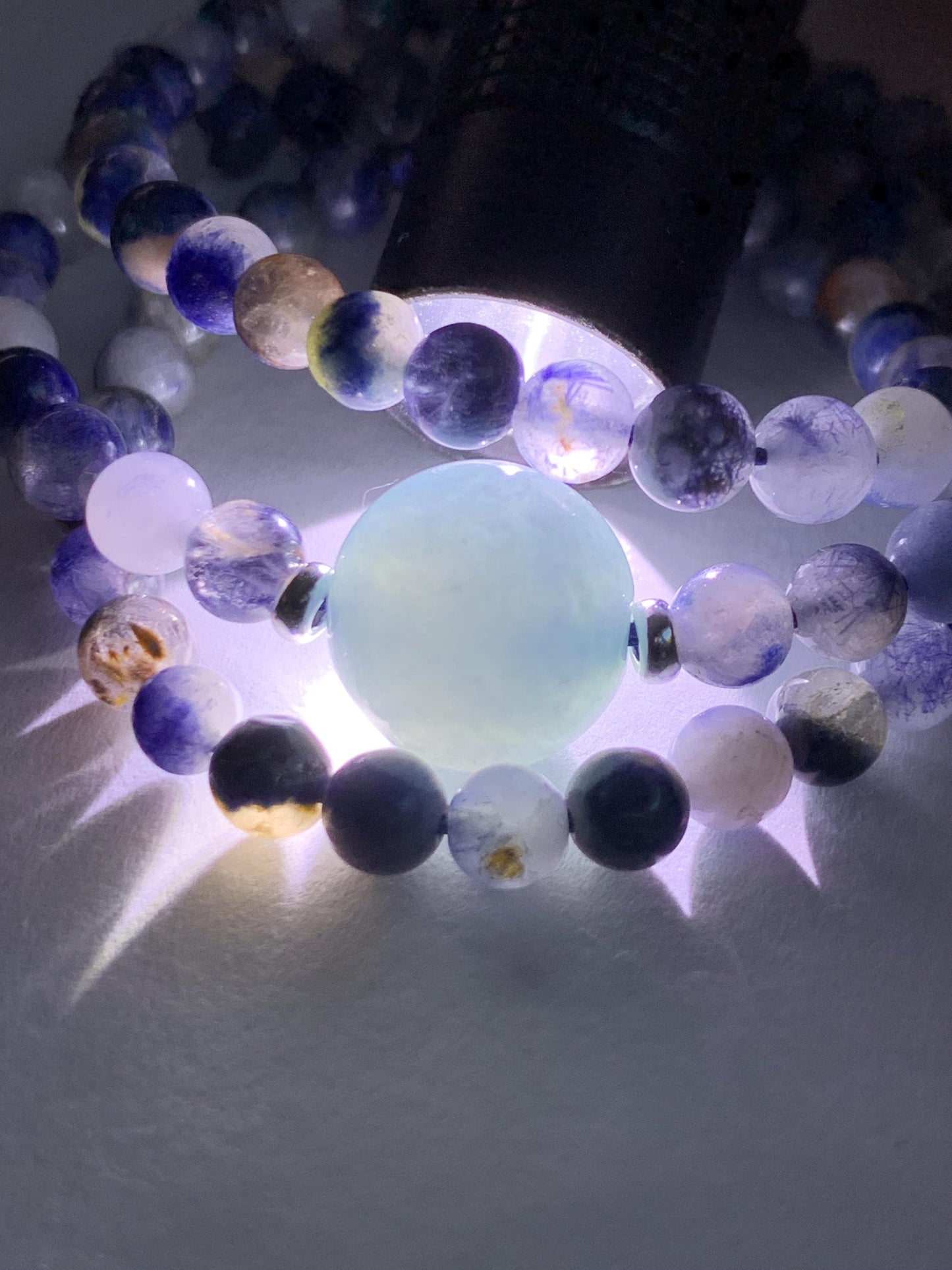 Natural Grade A Icy Translucent Purplish Blue Jade Jadeite Dumortierite Quartz Beads Beaded Necklace Sterling Silver 17” 天然冰危蓝紫翡翠珠蓝线石石英项链WLS
