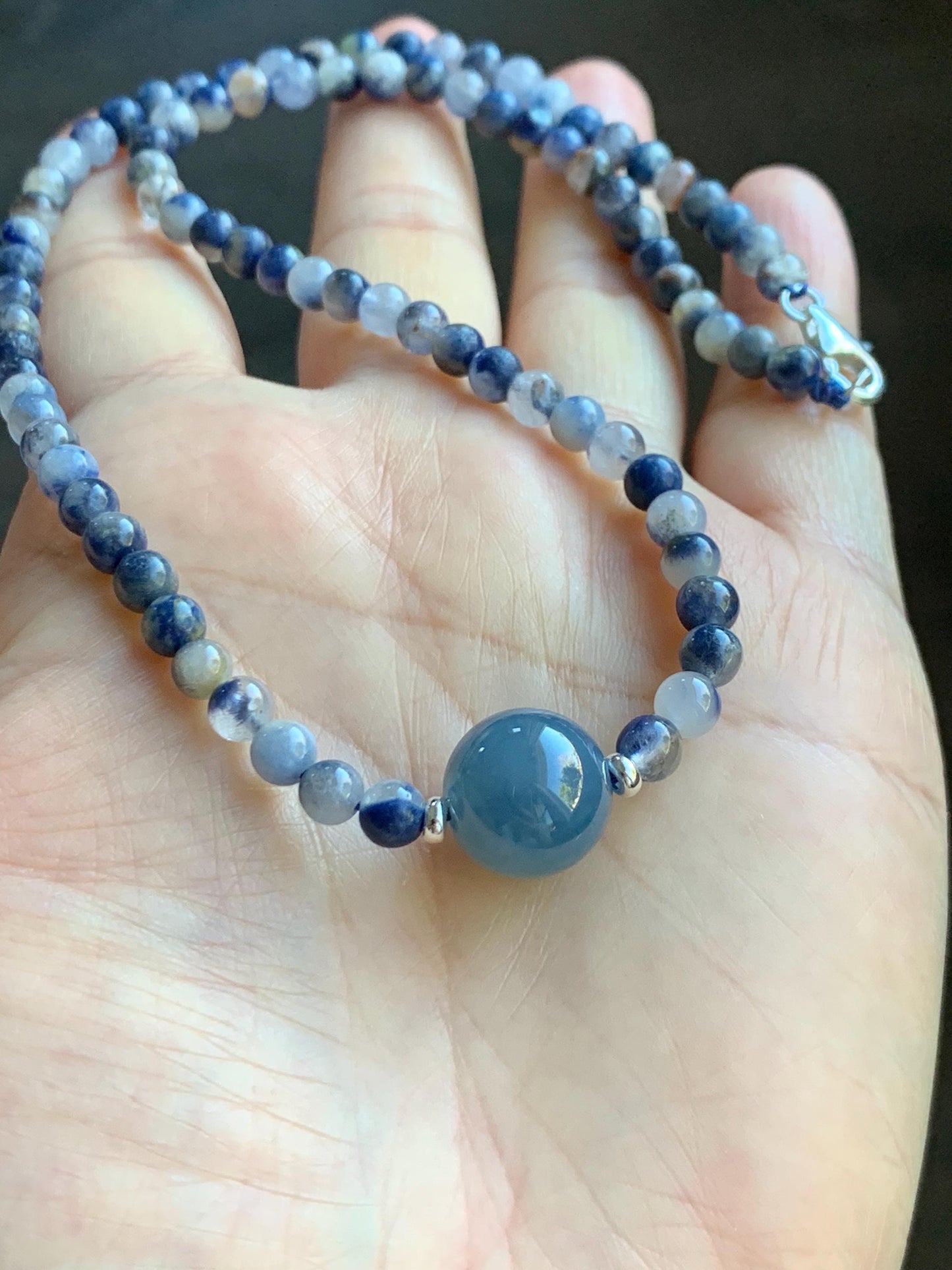 Natural Grade A Icy Translucent Purplish Blue Jade Jadeite Dumortierite Quartz Beads Beaded Necklace Sterling Silver 17” 天然冰危蓝紫翡翠珠蓝线石石英项链WLS