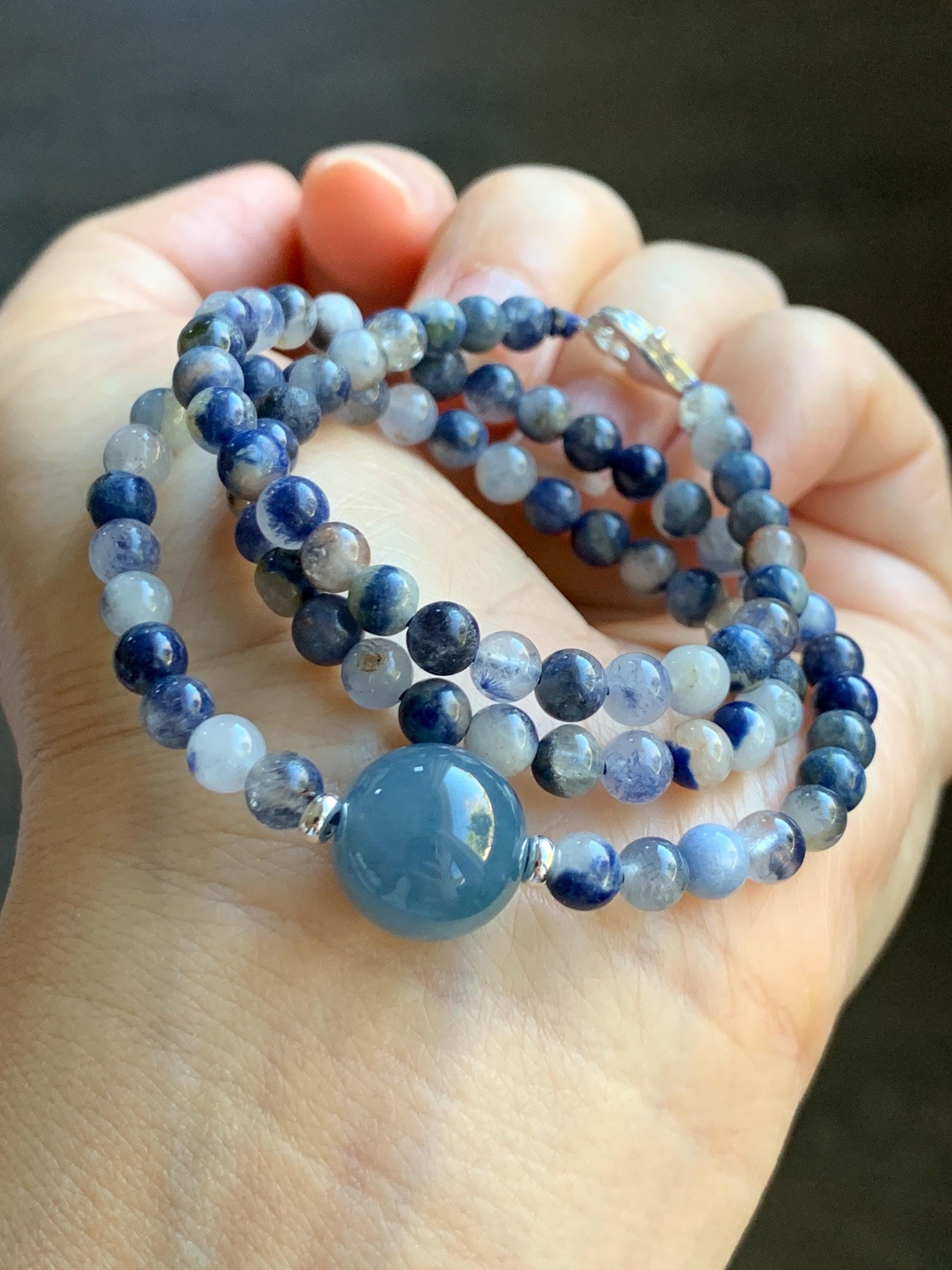 Natural Grade A Icy Translucent Purplish Blue Jade Jadeite Dumortierite Quartz Beads Beaded Necklace Sterling Silver 17” 天然冰危蓝紫翡翠珠蓝线石石英项链WLS