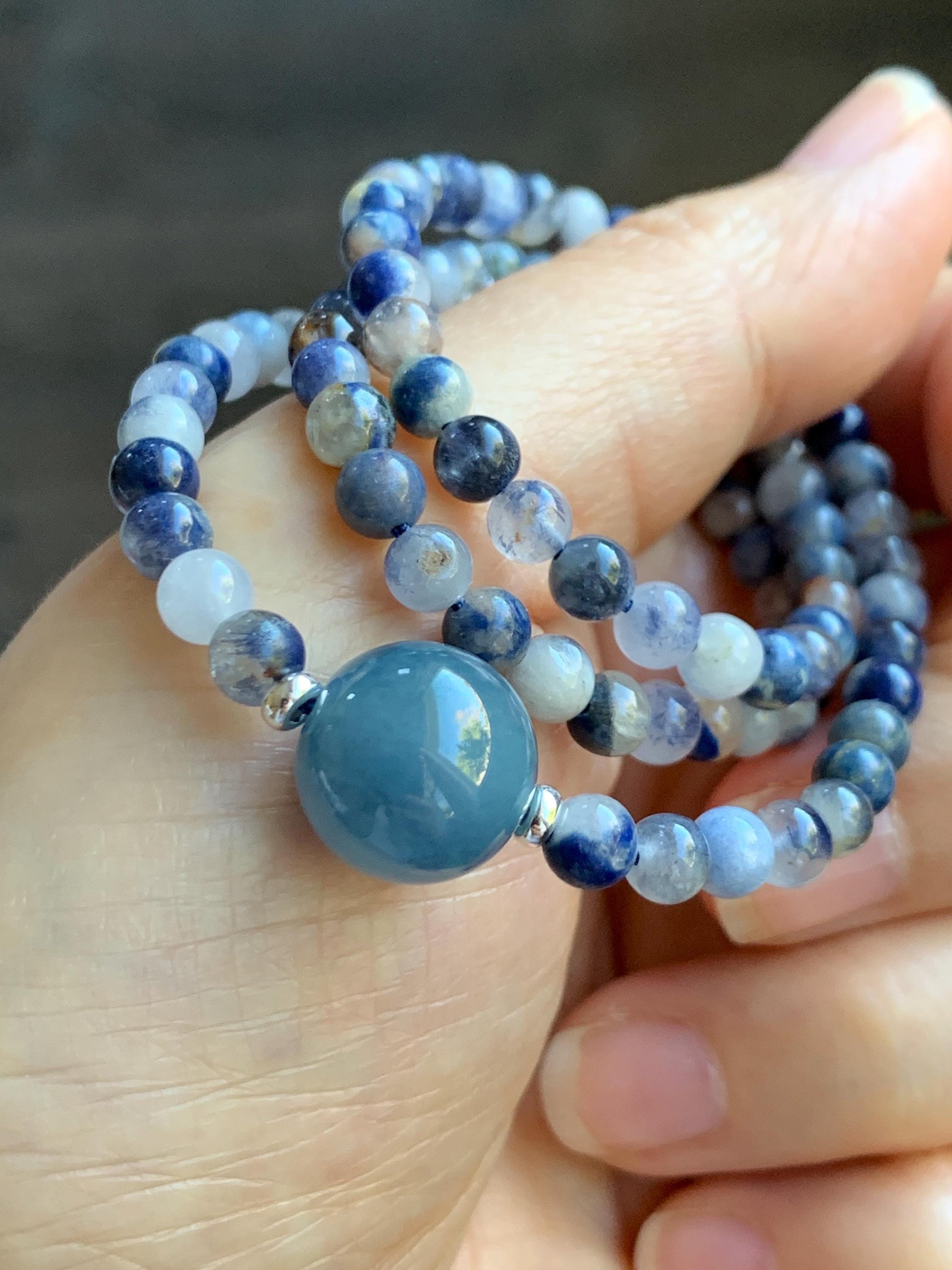 Natural Grade A Icy Translucent Purplish Blue Jade Jadeite Dumortierite Quartz Beads Beaded Necklace Sterling Silver 17” 天然冰危蓝紫翡翠珠蓝线石石英项链WLS