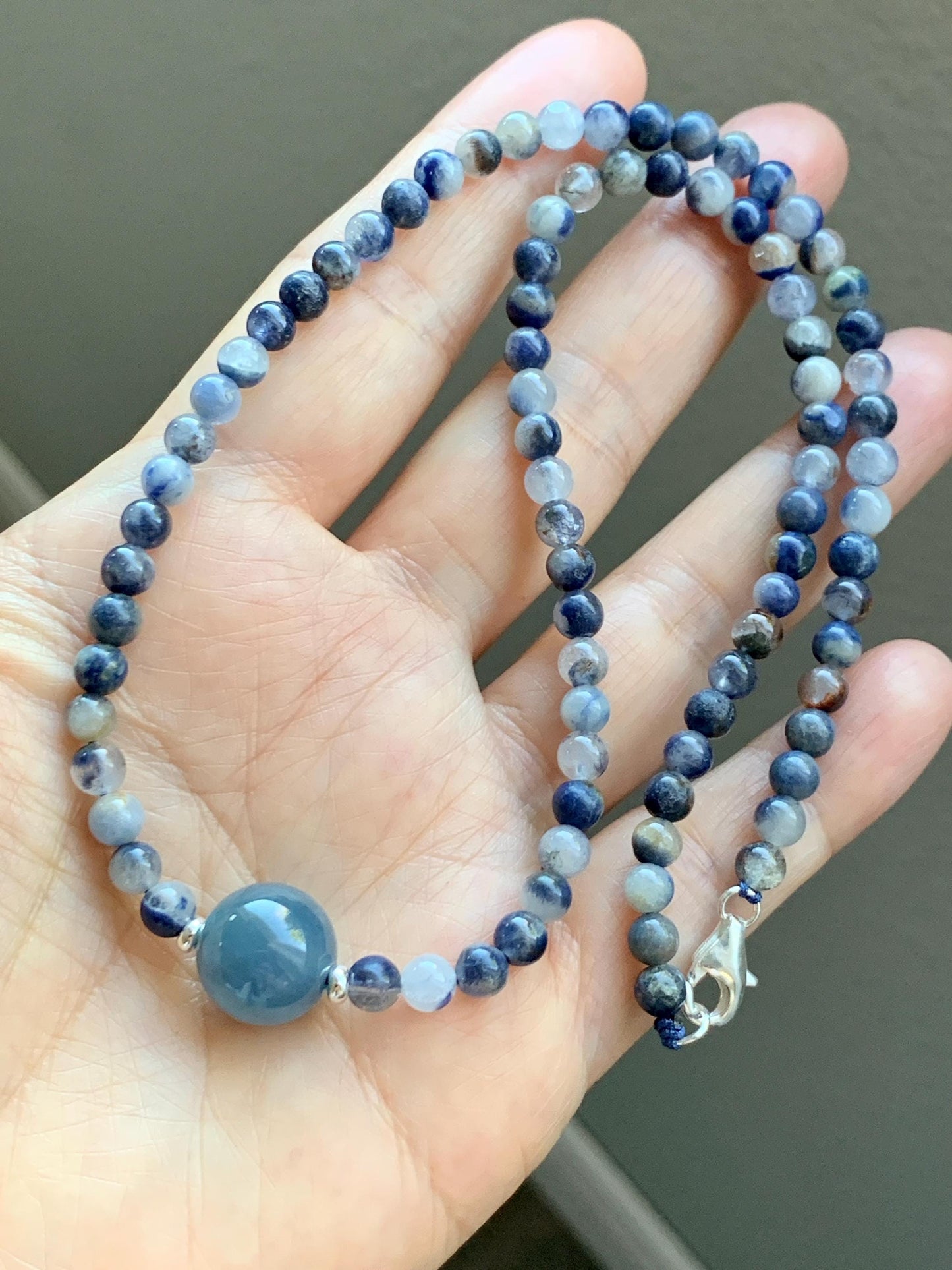 Natural Grade A Icy Translucent Purplish Blue Jade Jadeite Dumortierite Quartz Beads Beaded Necklace Sterling Silver 17” 天然冰危蓝紫翡翠珠蓝线石石英项链WLS