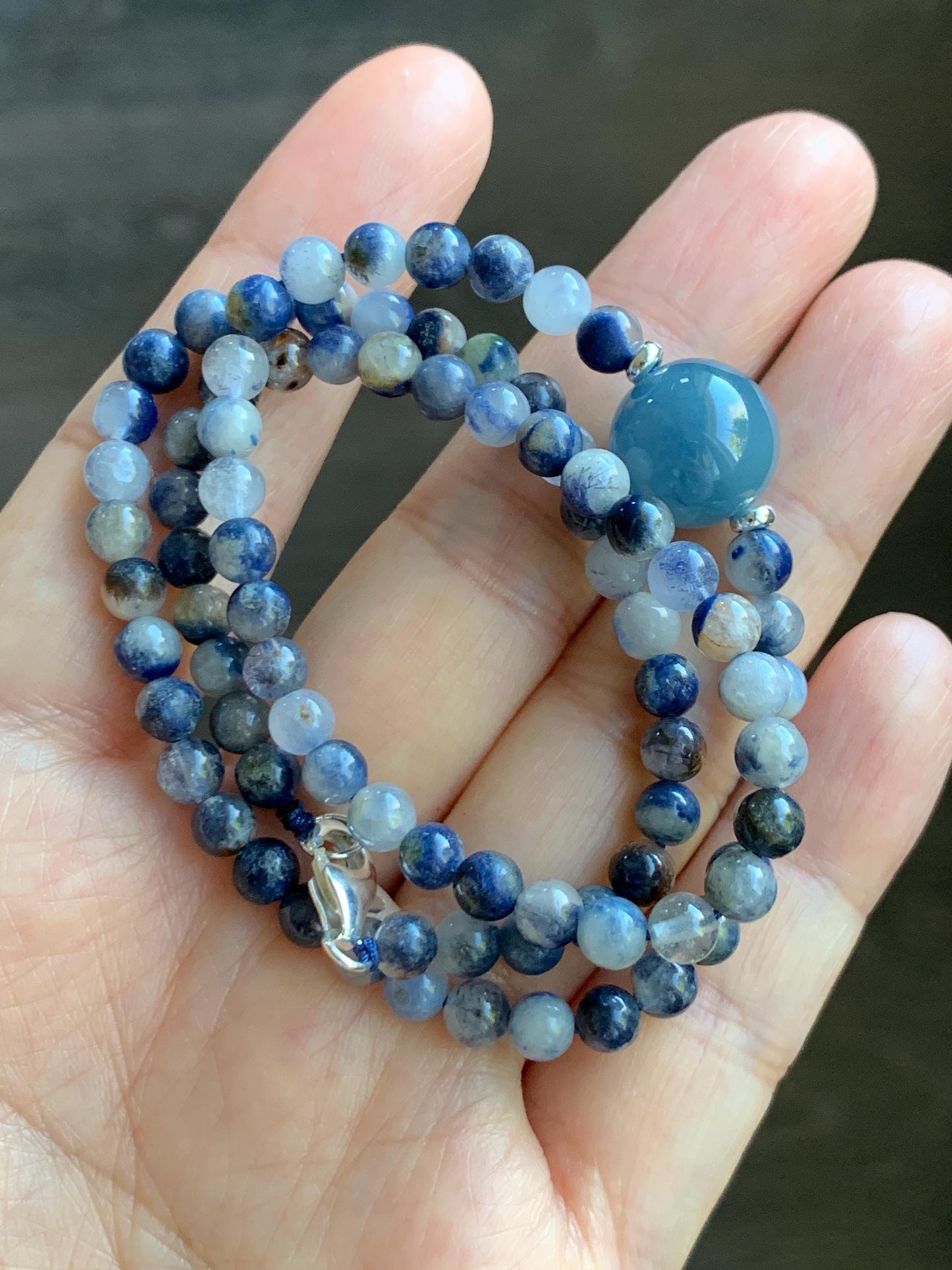 Natural Grade A Icy Translucent Purplish Blue Jade Jadeite Dumortierite Quartz Beads Beaded Necklace Sterling Silver 17” 天然冰危蓝紫翡翠珠蓝线石石英项链WLS