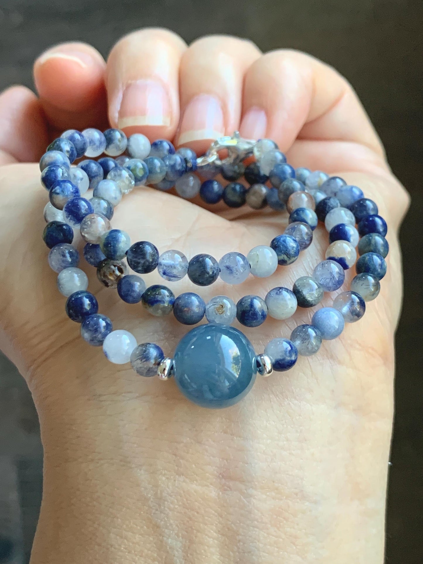 Natural Grade A Icy Translucent Purplish Blue Jade Jadeite Dumortierite Quartz Beads Beaded Necklace Sterling Silver 17” 天然冰危蓝紫翡翠珠蓝线石石英项链WLS