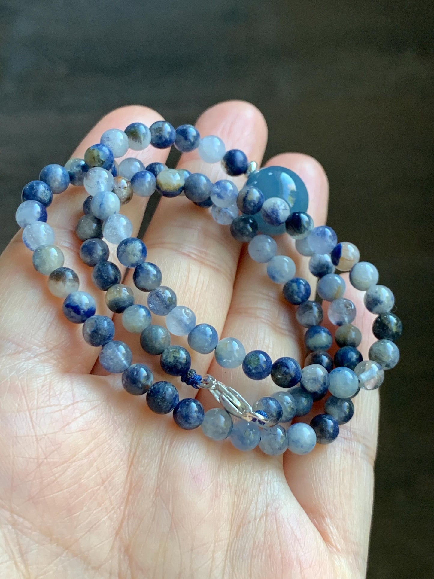Natural Grade A Icy Translucent Purplish Blue Jade Jadeite Dumortierite Quartz Beads Beaded Necklace Sterling Silver 17” 天然冰危蓝紫翡翠珠蓝线石石英项链WLS