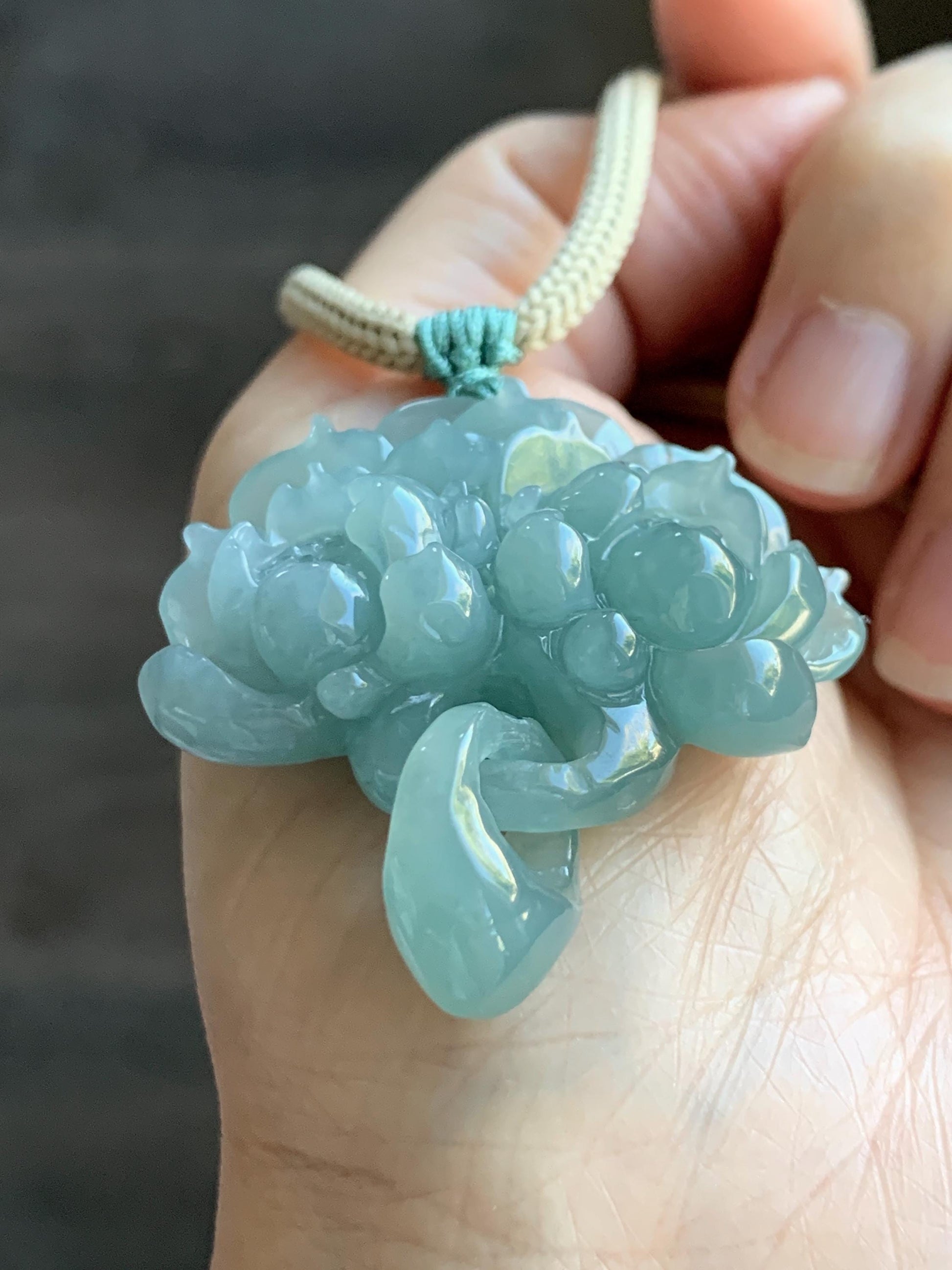 Natural Grade A Guatemalan Icy Translucent Teal Jade Jadeite Carved Double Lotus Flower Pendant Rope Necklace 25” 22g 天然冰危浅蓝翡翠双莲花吊坠 WSLH165