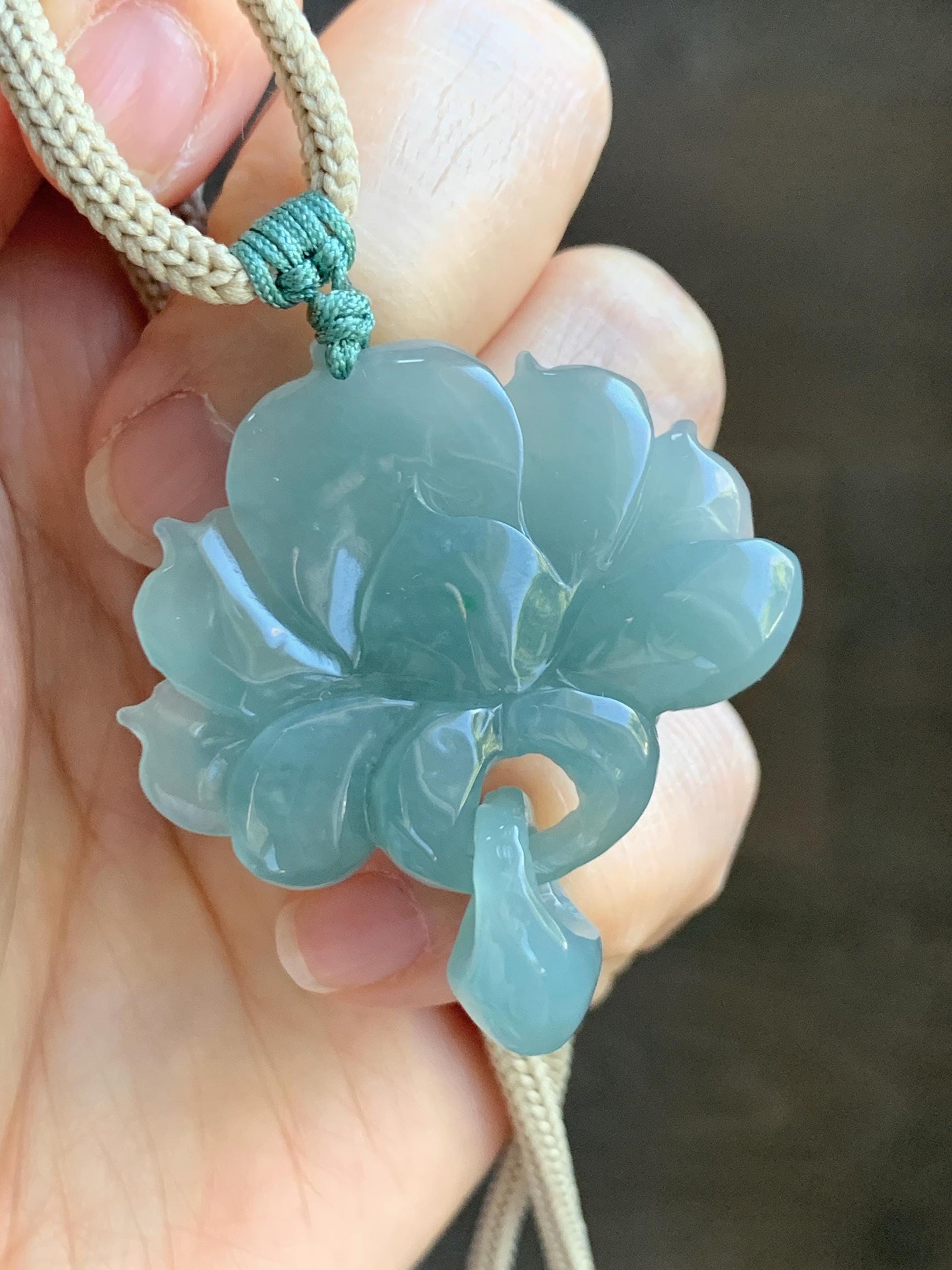 Natural Grade A Guatemalan Icy Translucent Teal Jade Jadeite Carved Double Lotus Flower Pendant Rope Necklace 25” 22g 天然冰危浅蓝翡翠双莲花吊坠 WSLH165