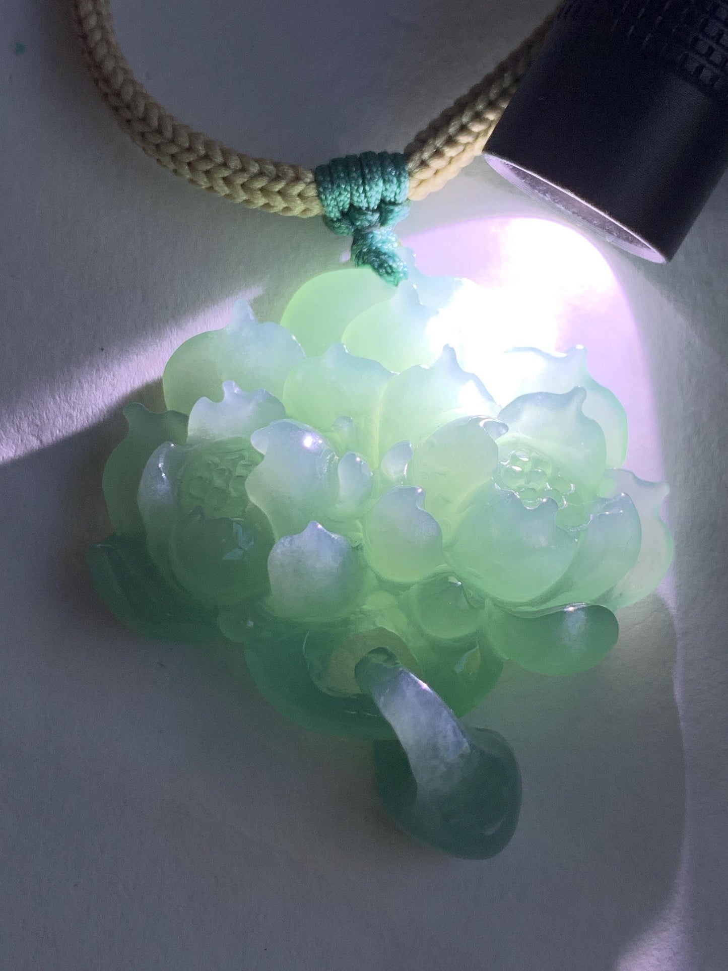 Natural Grade A Guatemalan Icy Translucent Teal Jade Jadeite Carved Double Lotus Flower Pendant Rope Necklace 25” 22g 天然冰危浅蓝翡翠双莲花吊坠 WSLH165