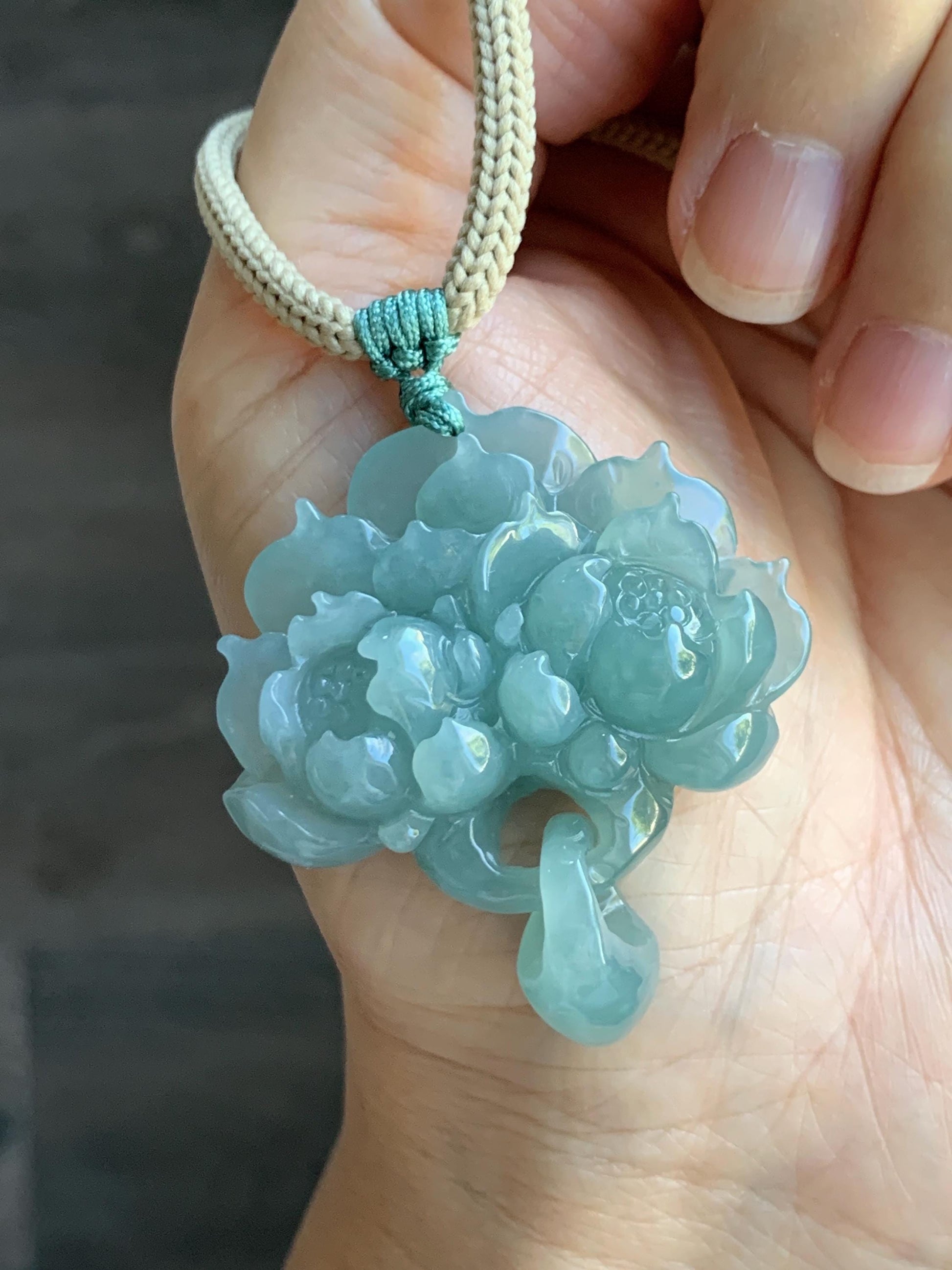 Natural Grade A Guatemalan Icy Translucent Teal Jade Jadeite Carved Double Lotus Flower Pendant Rope Necklace 25” 22g 天然冰危浅蓝翡翠双莲花吊坠 WSLH165