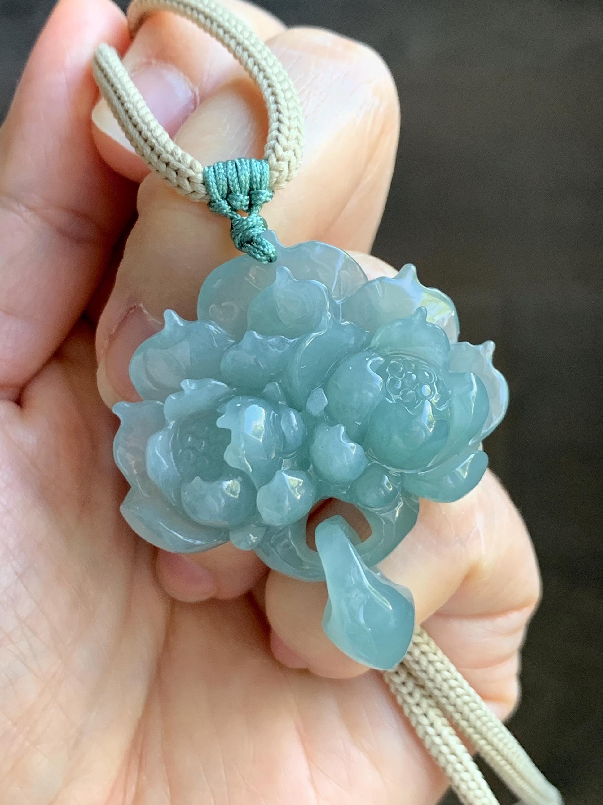 Natural Grade A Guatemalan Icy Translucent Teal Jade Jadeite Carved Double Lotus Flower Pendant Rope Necklace 25” 22g 天然冰危浅蓝翡翠双莲花吊坠 WSLH165