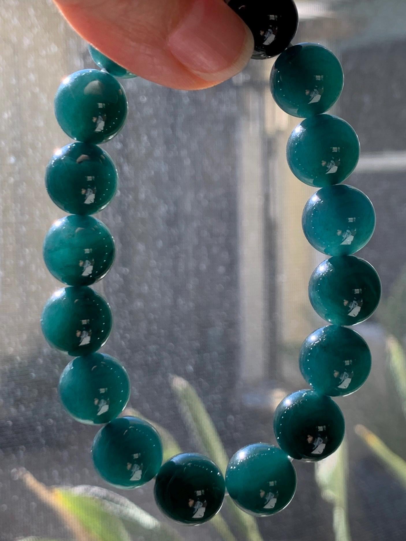 Certified Natural Grade A Guatemalan Icy Translucent Gelatinous Dark Teal Jade Jadeite Beaded Bracelet 11.8mm 7.25” 47.62g 天然老种冰危深蓝翡翠大卡手串733