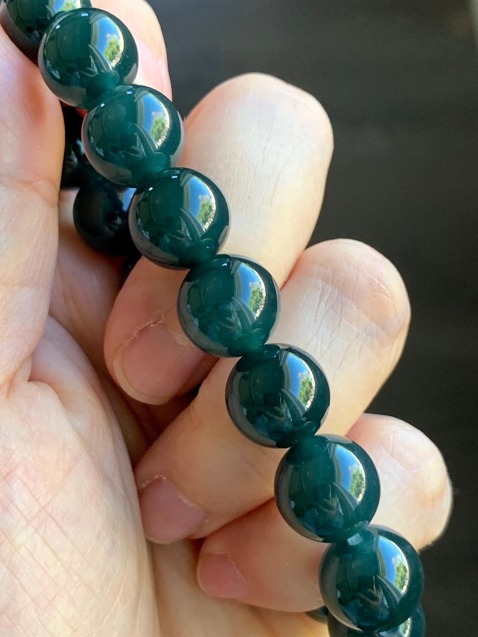 Certified Natural Grade A Guatemalan Icy Translucent Gelatinous Dark Teal Jade Jadeite Beaded Bracelet 11.8mm 7.25” 47.62g 天然老种冰危深蓝翡翠大卡手串733