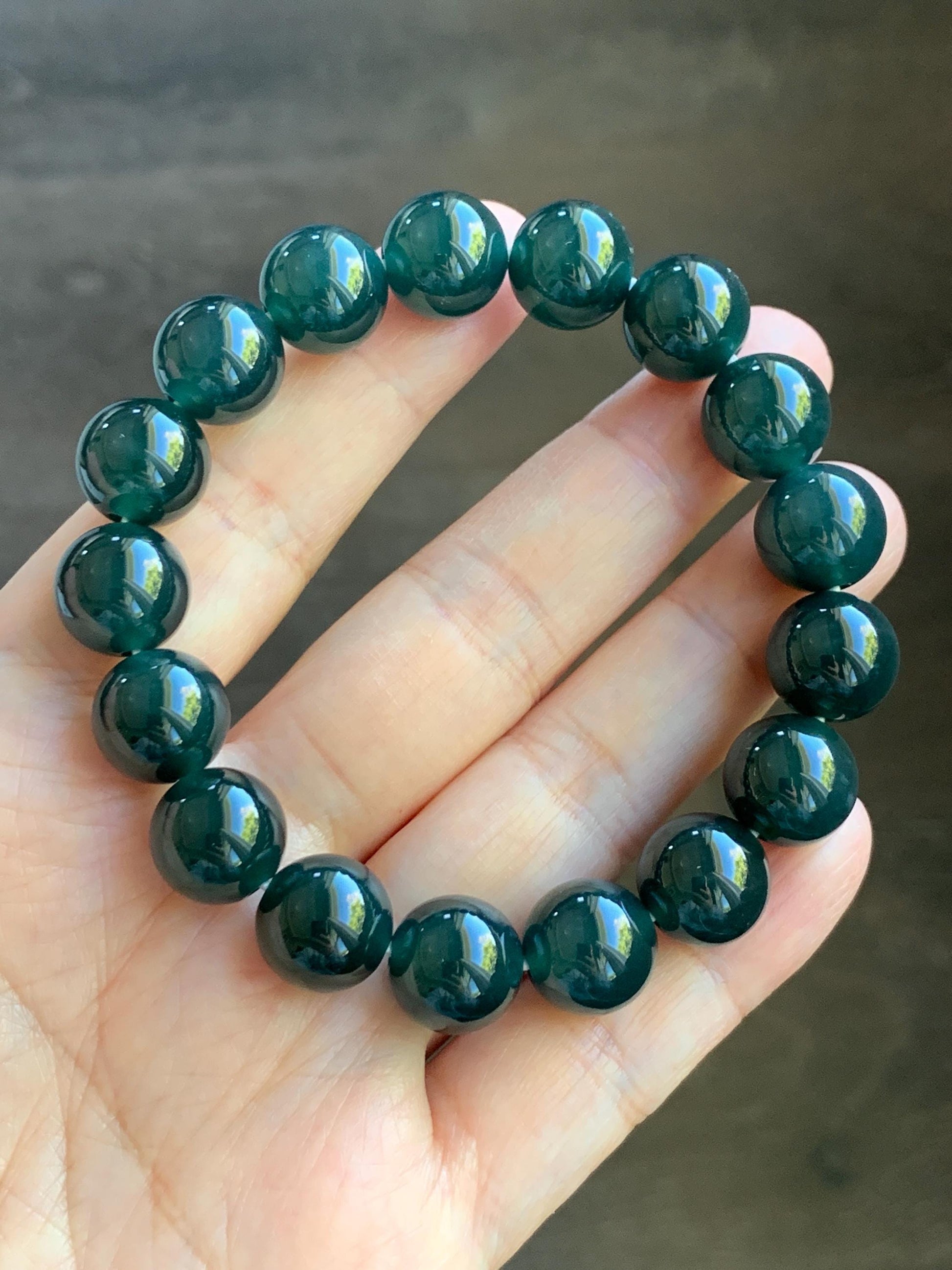 Certified Natural Grade A Guatemalan Icy Translucent Gelatinous Dark Teal Jade Jadeite Beaded Bracelet 11.8mm 7.25” 47.62g 天然老种冰危深蓝翡翠大卡手串733