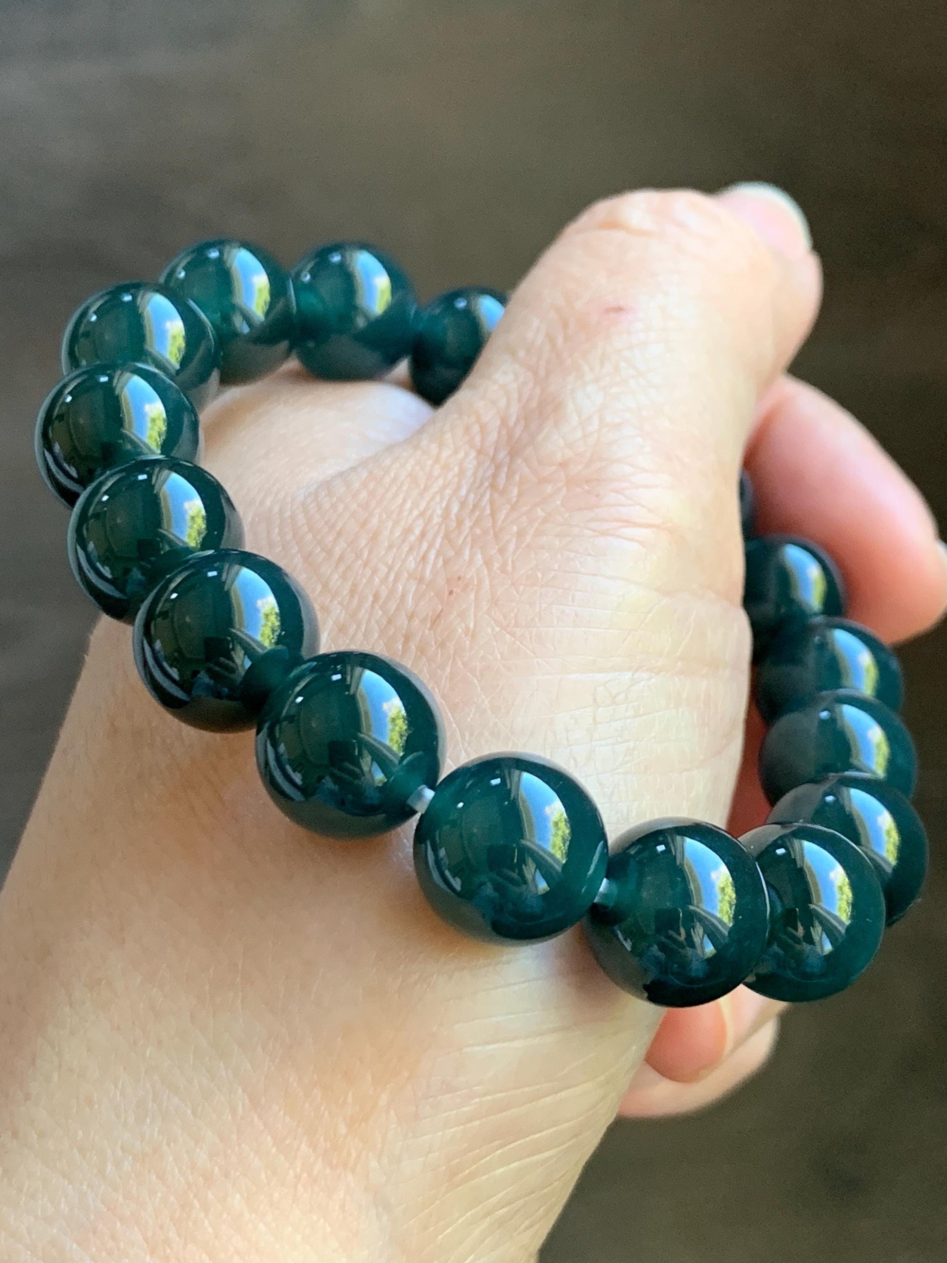 Certified Natural Grade A Guatemalan Icy Translucent Gelatinous Dark Teal Jade Jadeite Beaded Bracelet 11.8mm 7.25” 47.62g 天然老种冰危深蓝翡翠大卡手串733