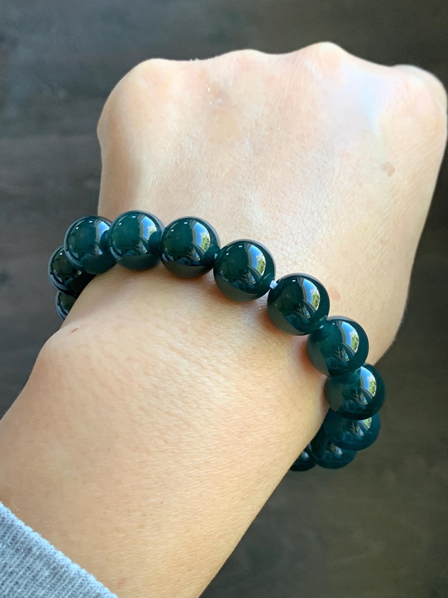 Certified Natural Grade A Guatemalan Icy Translucent Gelatinous Dark Teal Jade Jadeite Beaded Bracelet 11.8mm 7.25” 47.62g 天然老种冰危深蓝翡翠大卡手串733