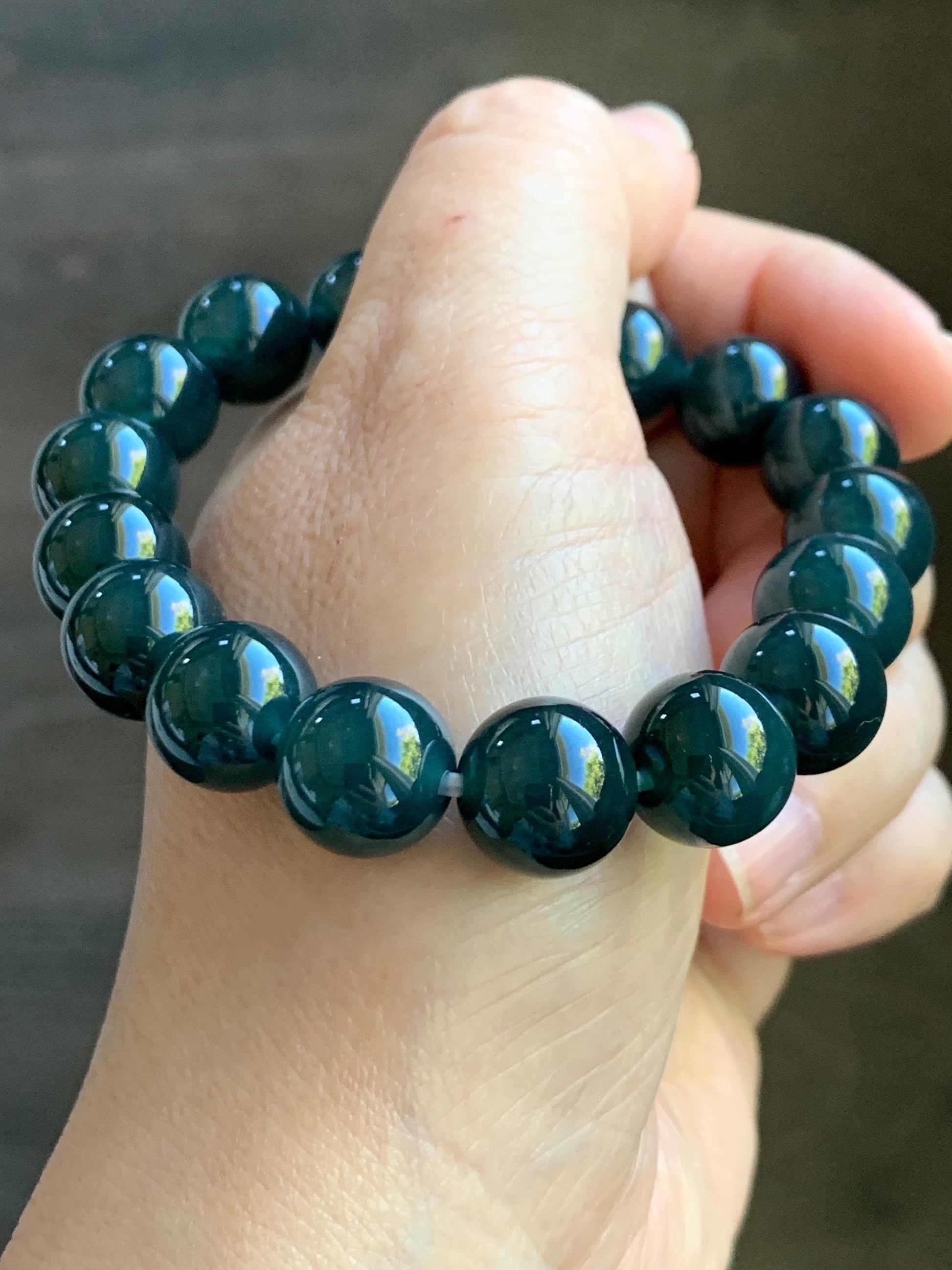 Certified Natural Grade A Guatemalan Icy Translucent Gelatinous Dark Teal Jade Jadeite Beaded Bracelet 11.8mm 7.25” 47.62g 天然老种冰危深蓝翡翠大卡手串733